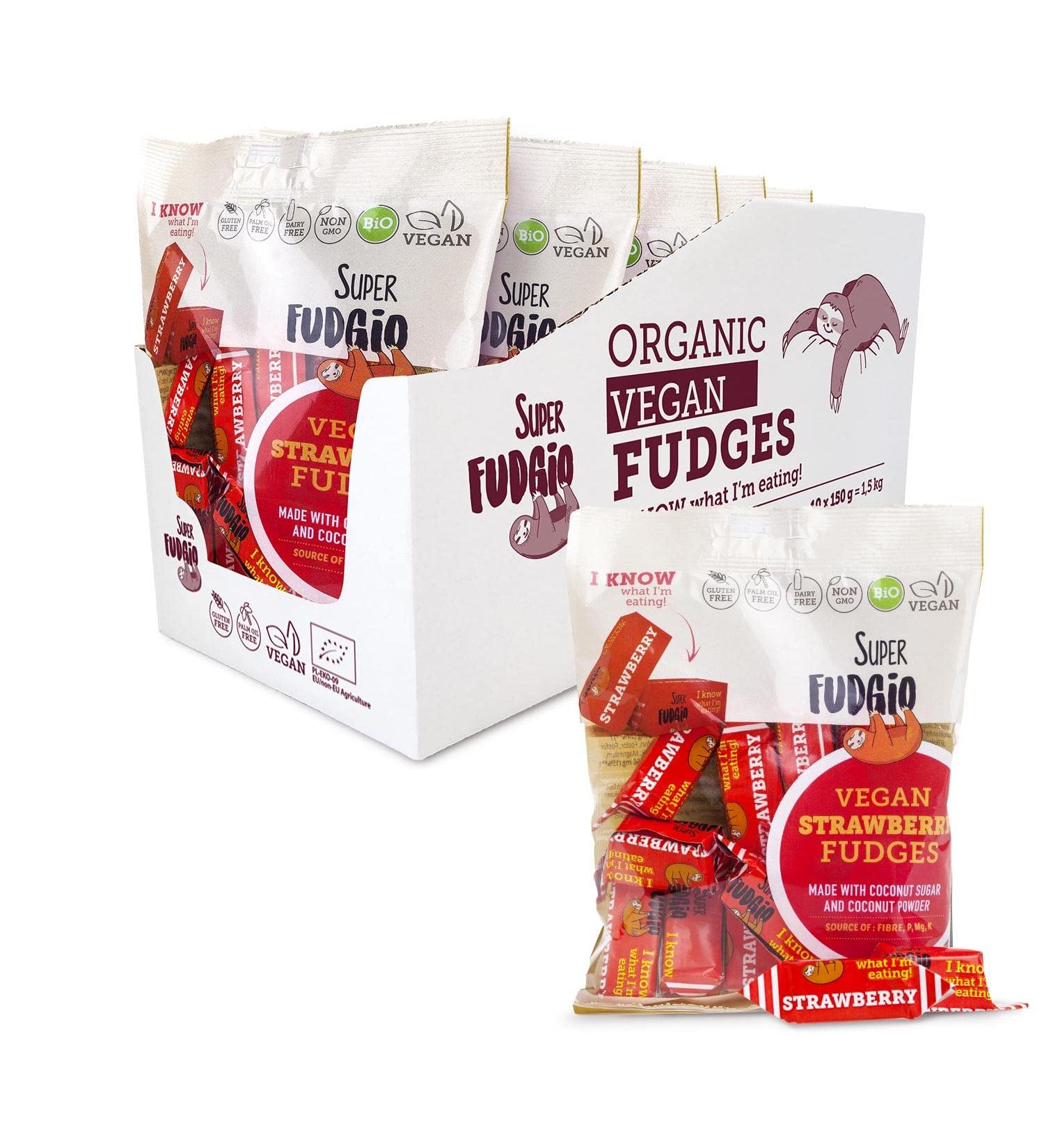  SUPER FUDGiO SUPER FUDGiO Organic Vegan & Gluten Free Sweets - Strawberry - Natural Ingredient Sweets - Palm Oil Free - 100% Organic Coconut Milk & Coconut Sugar | Pack 10 x 150g | Strawberry - Buy Online on GoSupps.com