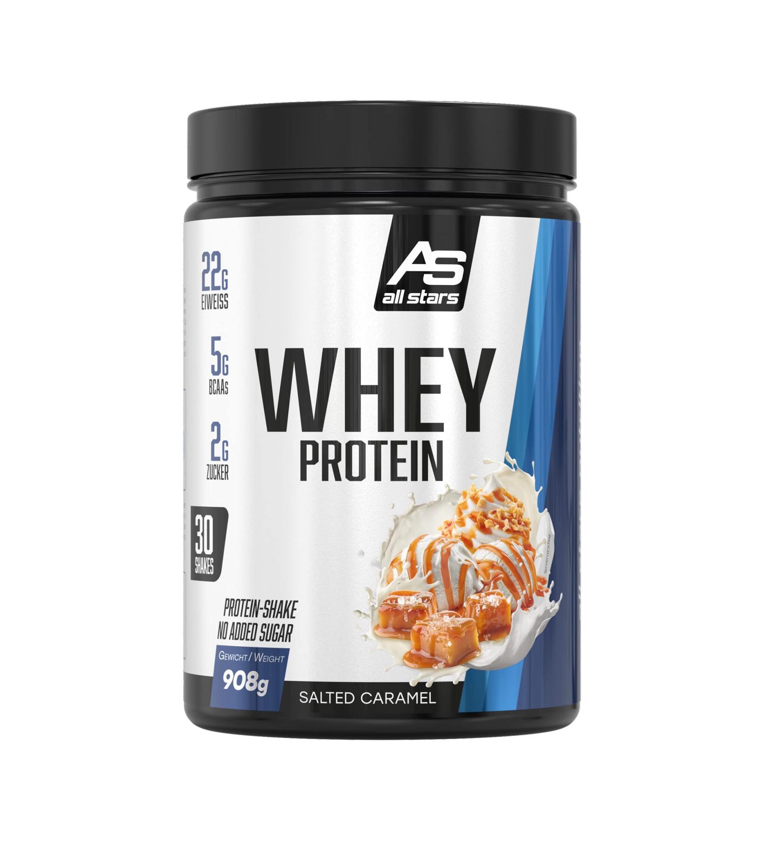 All Stars 100% Whey Protein Powder 908g - Low-Fat High-Quality Whey Concentrate & Isolate | Creamy Salted Caramel Flavor Protein Shake - Buy Online on GoSupps.com