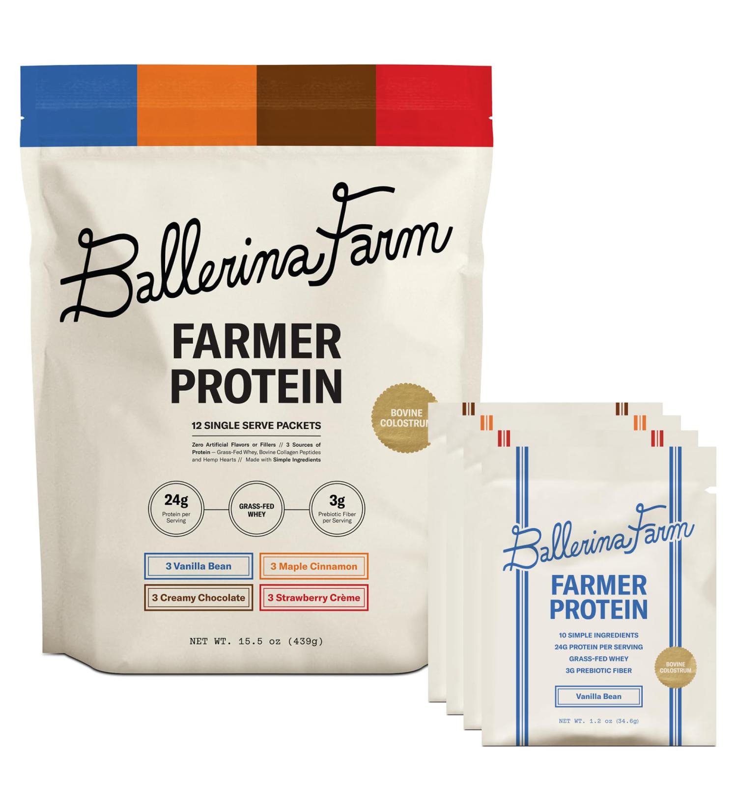 Ballerina Farm Grass Fed Whey Protein Powder 4 Flavor Variety Pack 24g Protein with Collagen Peptides Bovine Colostrum Hemp Hearts & Prebiotic Fiber No Artificial Ingredients 12 Servings - Buy Online on GoSupps.com