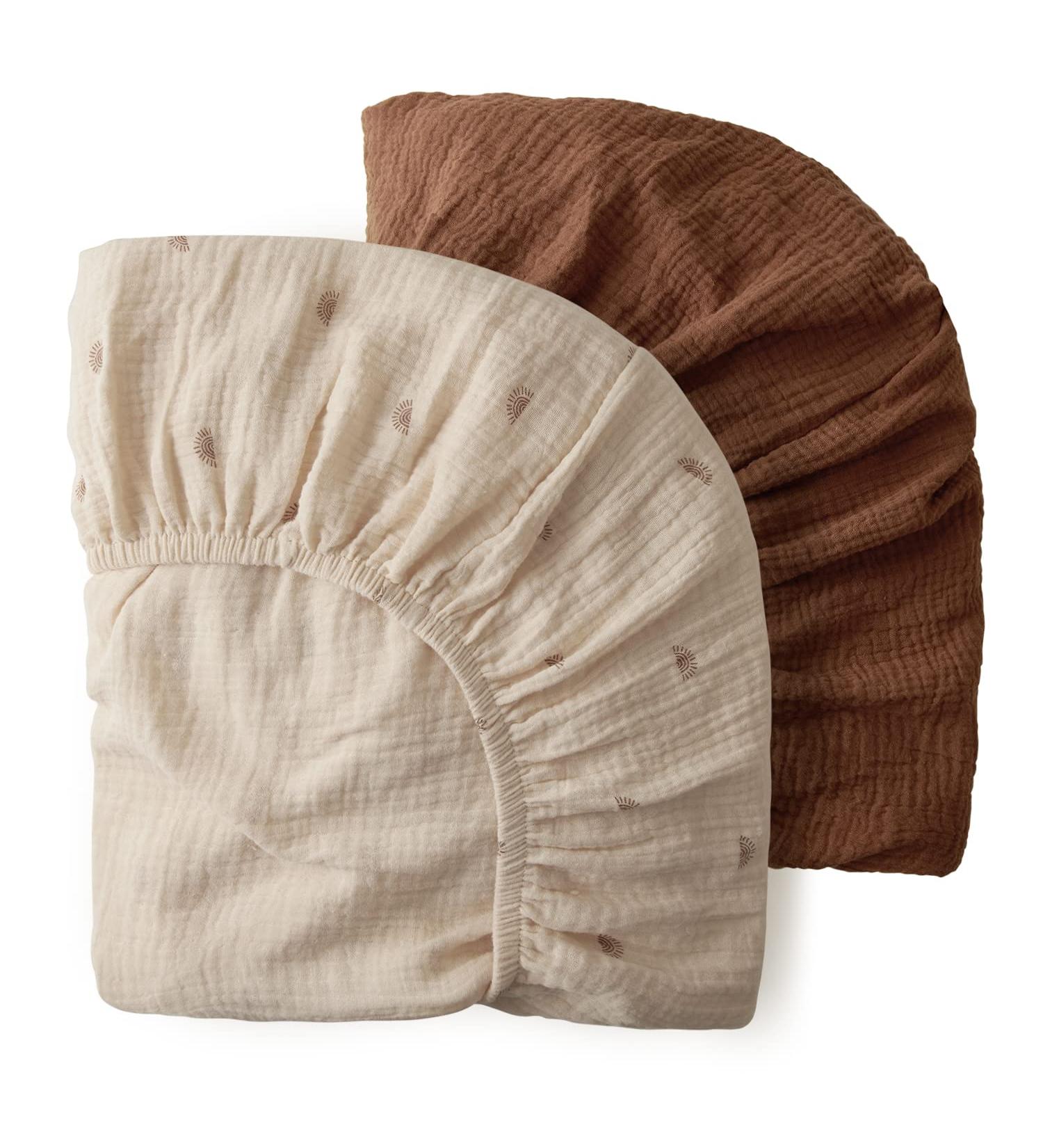 Muslin Pack N Play Sheets - 100% Cotton for Natural Comfort | 2 Pack Fitted Sheets for Pack and Play Mattress and Mini Cribs | Boho Baby Nursery Design (Sunshine&Brown) - Buy Online on GoSupps.com
