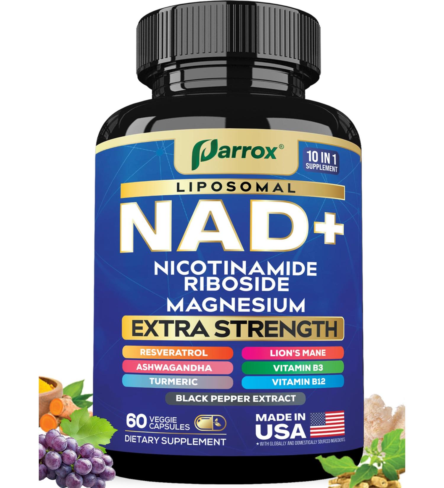 NAD+ Supplement with Liposomal NAD+ Nicotinamide Riboside Magnesium Vitamin B3 & B12 Resveratrol Turmeric Ashwagandha Lion s Mane 10-in-1 Extra Strength 60 Count (Pack of 1) - Buy Online on GoSupps.com