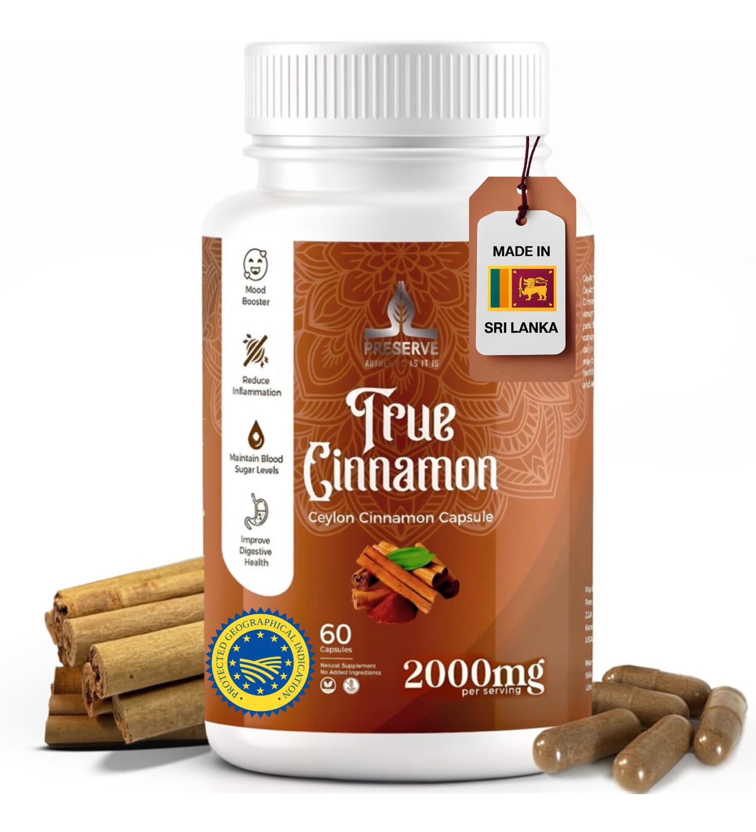PRESERVE Pure Ceylon Cinnamon Capsules 2 000mg Two Month Supplement | Made in Sri Lanka |Non-GMO Gluten-Free True Cinnamomum from Sri Lanka 100% Pure Cinnamon (NOT Mix with Cassia). - Buy Online on GoSupps.com