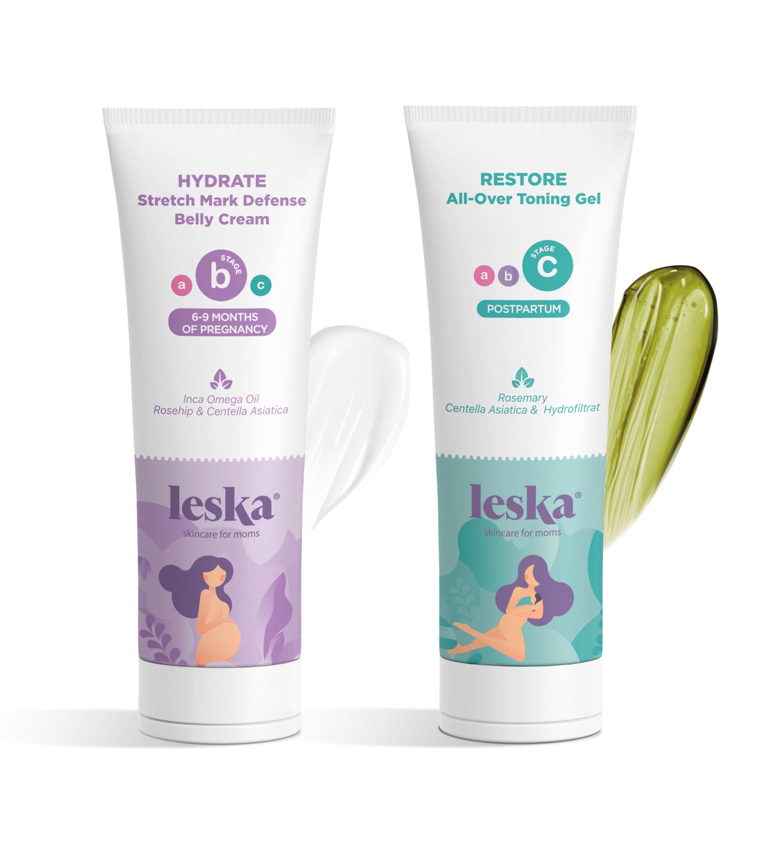Leska Maternity Stages B & C Set | HYDRATE Belly Cream & RESTORE All-Over Toning Gel | Pregnant Moms Months 6-9 and Postpartum | Part of Complete 3-Part Maternity Skincare System (Set of 2 4oz each) 4-9+ Months Cream & Ge  - Buy Online on GoSupps.com