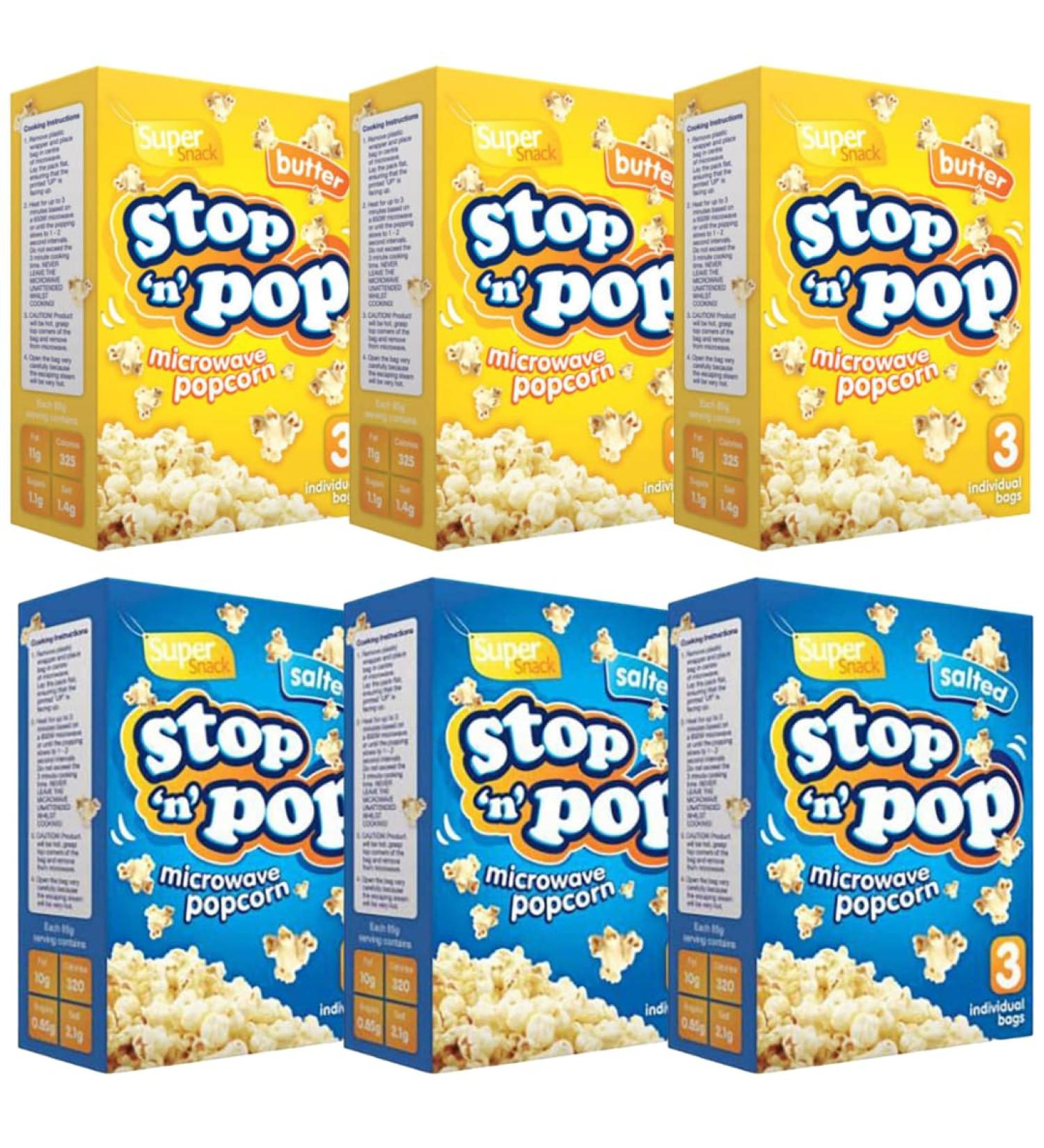 Microwave Popcorn Bundle with Stop n Pop Butter Microwave Popcorn 85g x3 Bags x3 Pack and Salty Microwave Popcorn 85g x3 Bags x3 Pack (6 Pack) - Buy Online on GoSupps.com