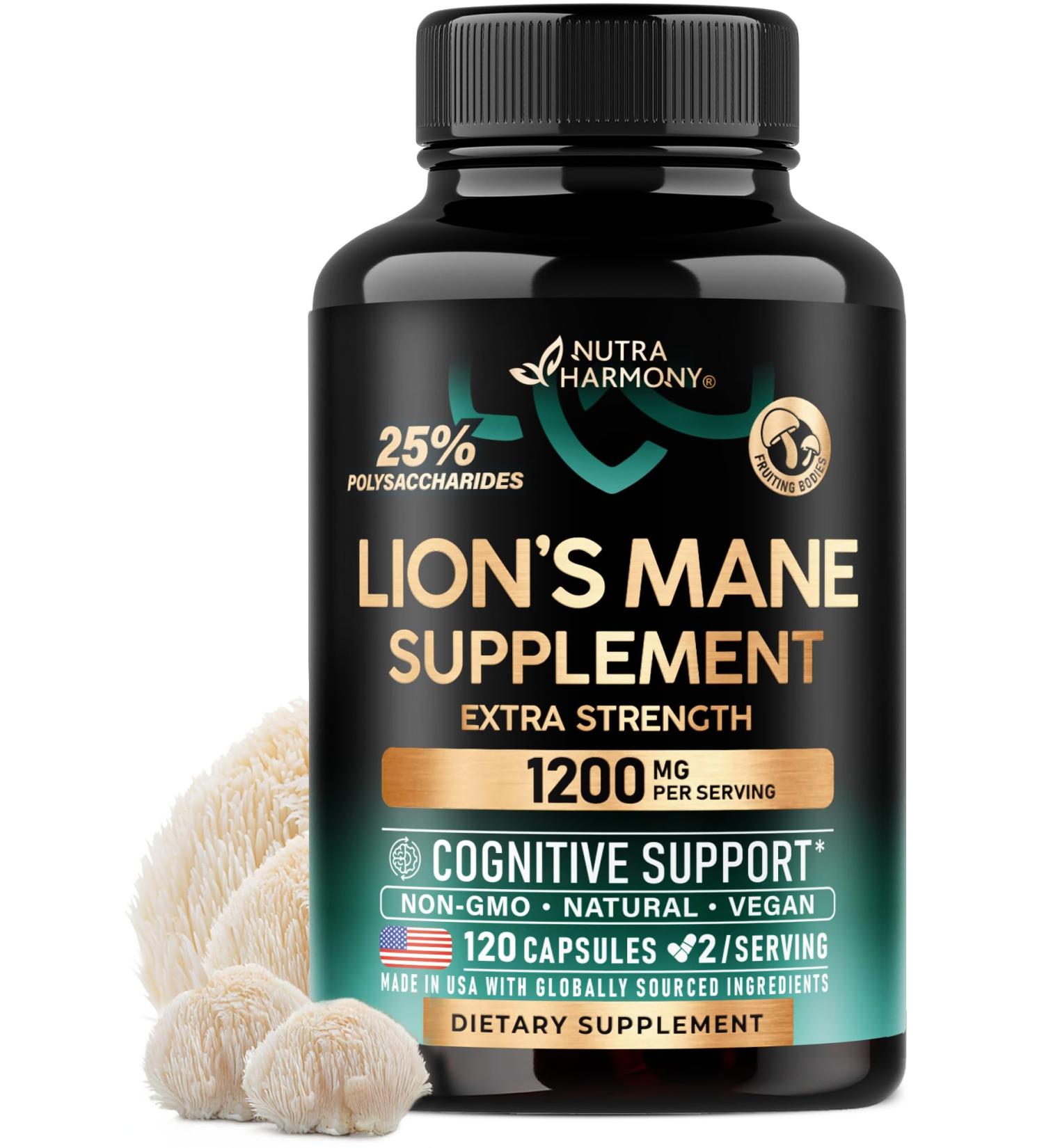 Lions Mane Supplement Capsules - Organic Lions Mane - Made in USA - Fruiting Bodies Extract - 1200 mg 25% Polysaccharides - Memory & Focus Support - As Lions Powder - 120 Capsules 2 Month Supply 120 Count (Pack of 1) - Buy Online on GoSupps.com