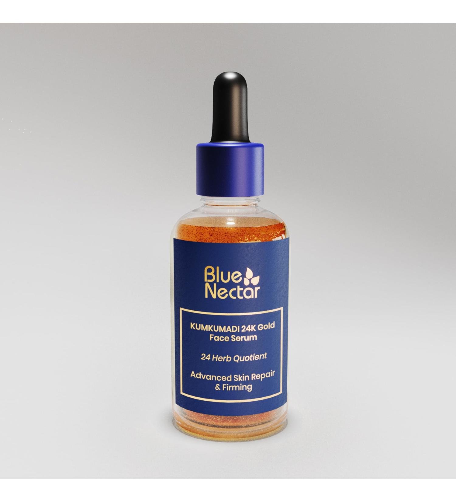 Blue Nectar 24k Gold Serum for Glowing Skin | Natural Kumkumadi Oil Serum for Face Infused with 24K Gold | Ayurvedic Face Serum for Skin Brightening and Skin Firming (24 Herbs 30ml) - Buy Online on GoSupps.com