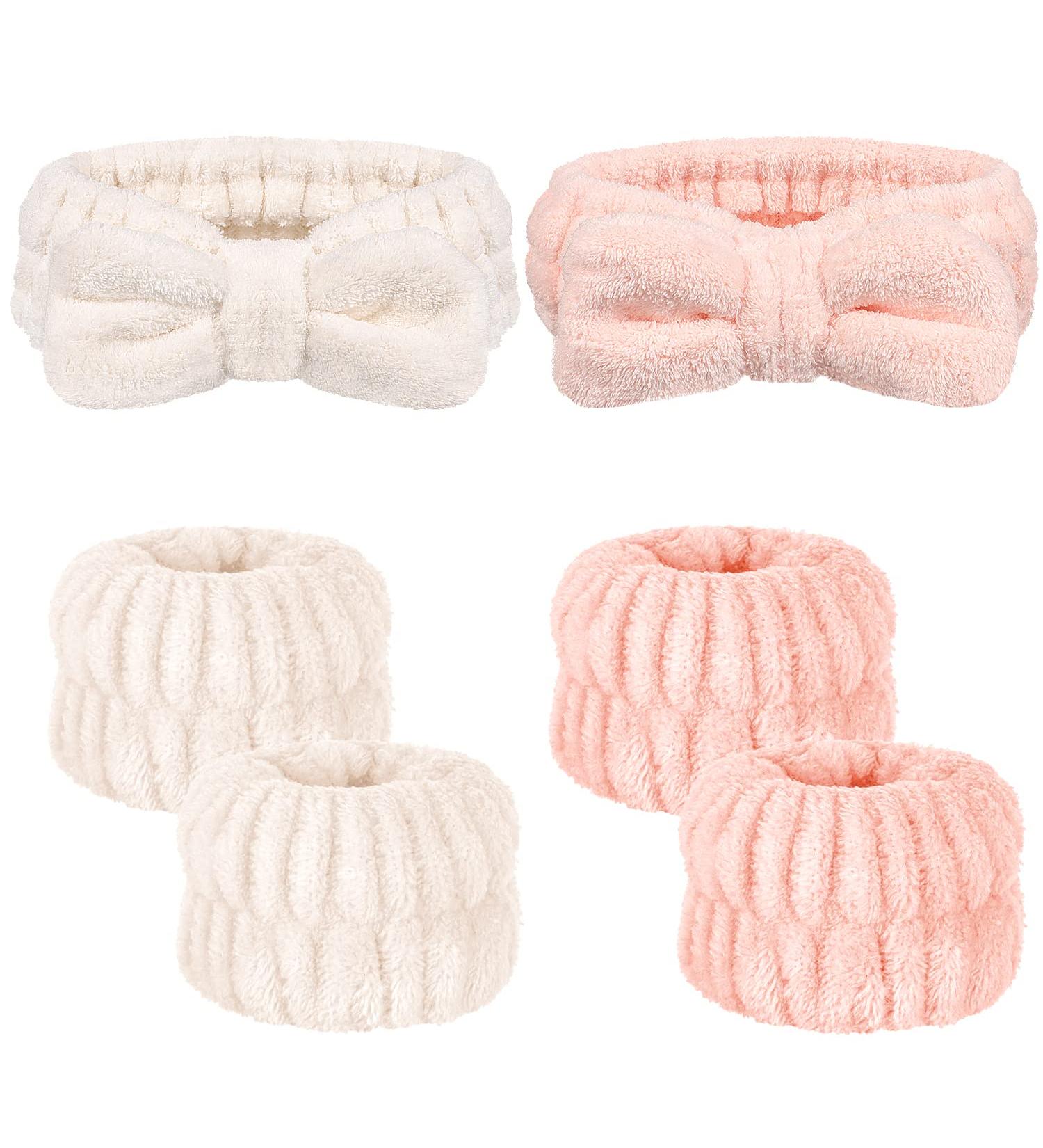 6-Piece Spa Headband and Wristband Set for Women - Microfiber Skincare Headbands, Makeup Headband, Facial Wrist Towel - Pink/White - Buy Online on GoSupps.com