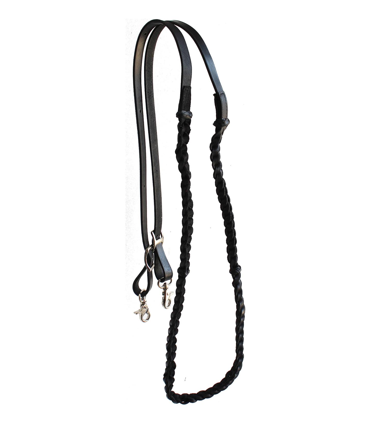 CHALLENGER Horse Western Braided Leather Knotted Grip Reins 805LR03 Black