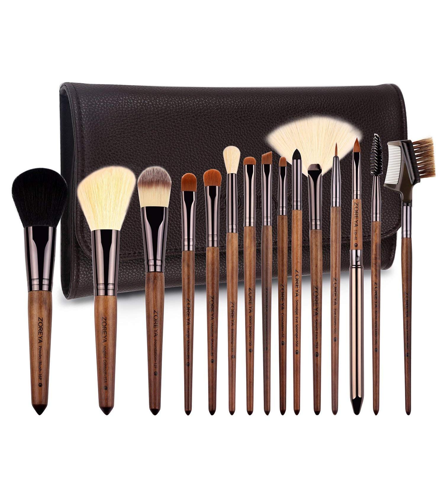 ZOREYA 15pcs Unique Walnut Makeup Brush Set - Premium Synthetic Brushes for Foundation, Powder, Concealers, Eye Shadows - Vegan Leather Bag Included - Buy Online on GoSupps.com