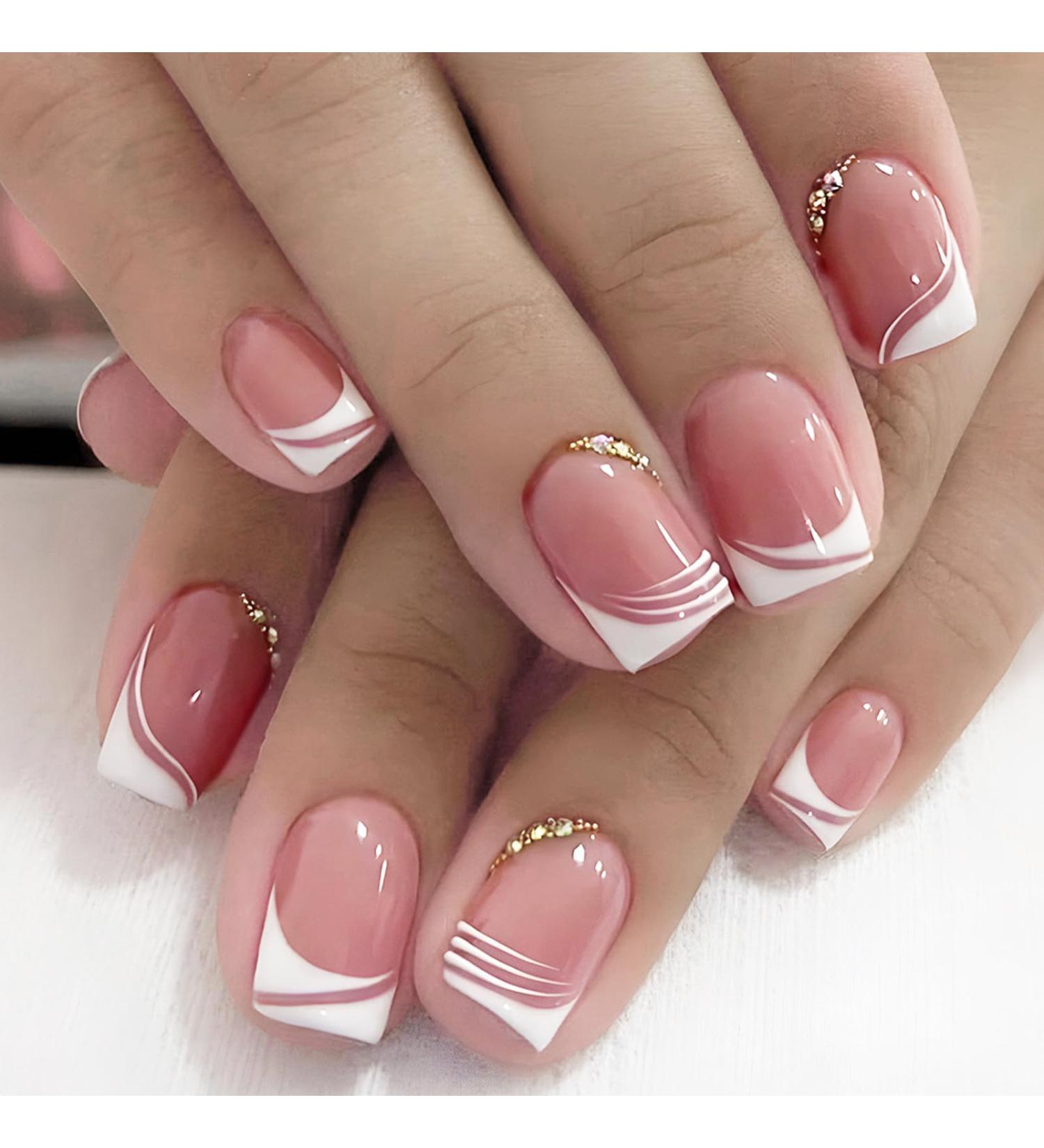 Mrcuvaryas French Press On Nails - 24 Glossy Acrylic Self-Adhesive Nail Tips with Rhinestones for Women & Girls - Buy Online on GoSupps.com