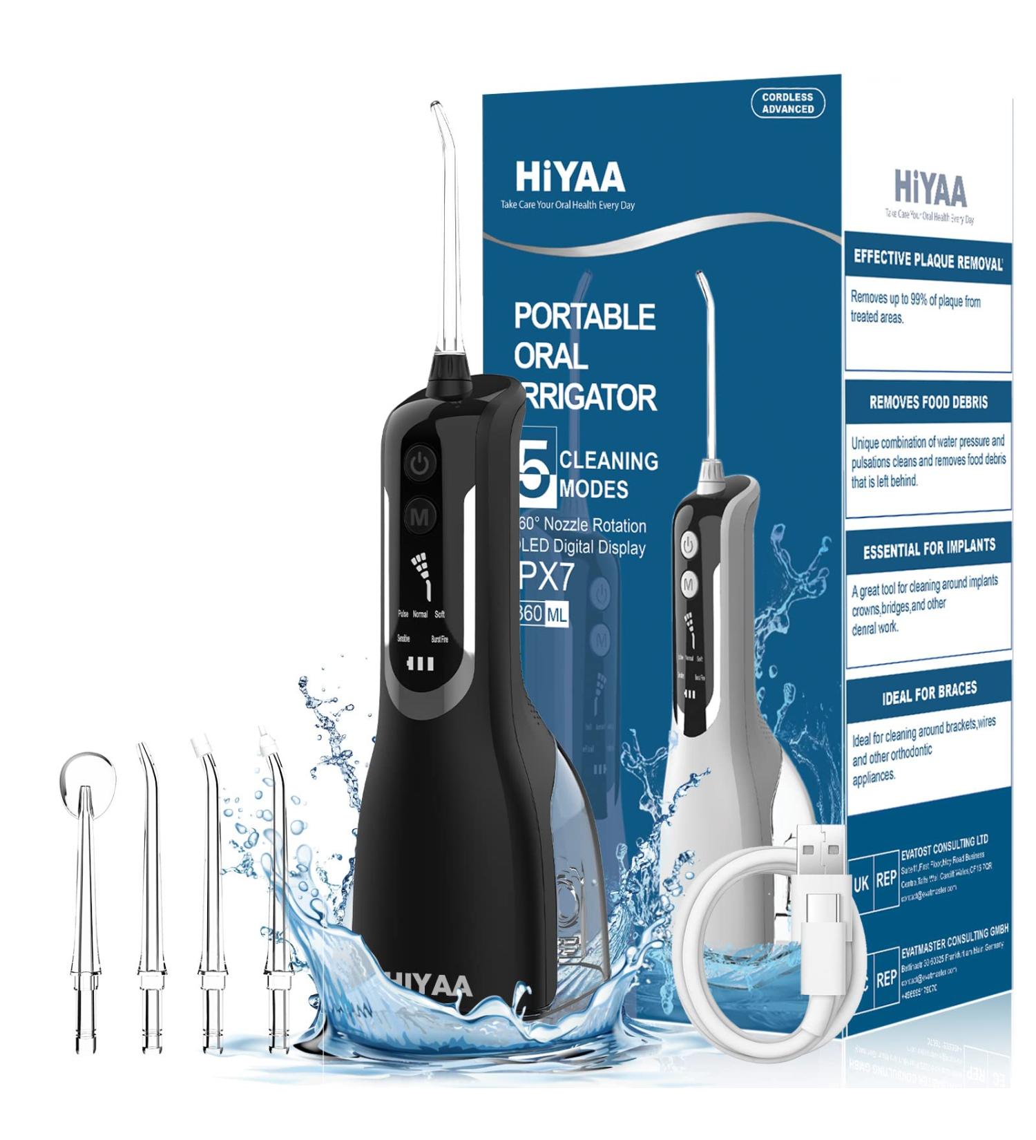 Cordless Water Flosser & Oral Irrigator with 5 Modes - USB Rechargeable, 4 Jet Tips, Portable 360ML Dental Flosser for Travel - Black - Buy Online on GoSupps.com