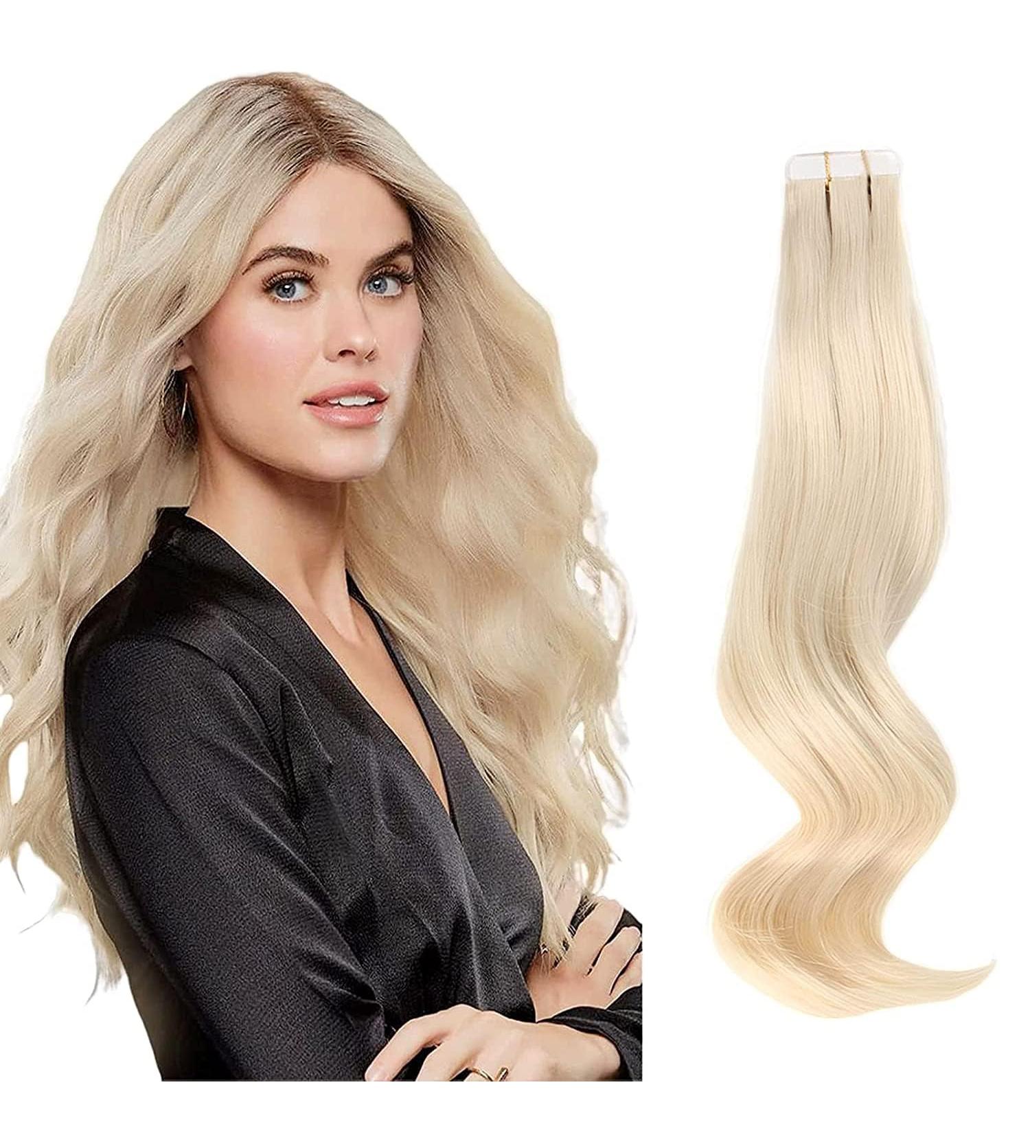ABH AmazingBeauty Blonde Tape in Human Hair Extensions - Platinum Ash Blonde 20 Inch 60 - 20pcs of Remi Glue Skin Weft Tape, Invisible & Reusable - Buy Online on GoSupps.com