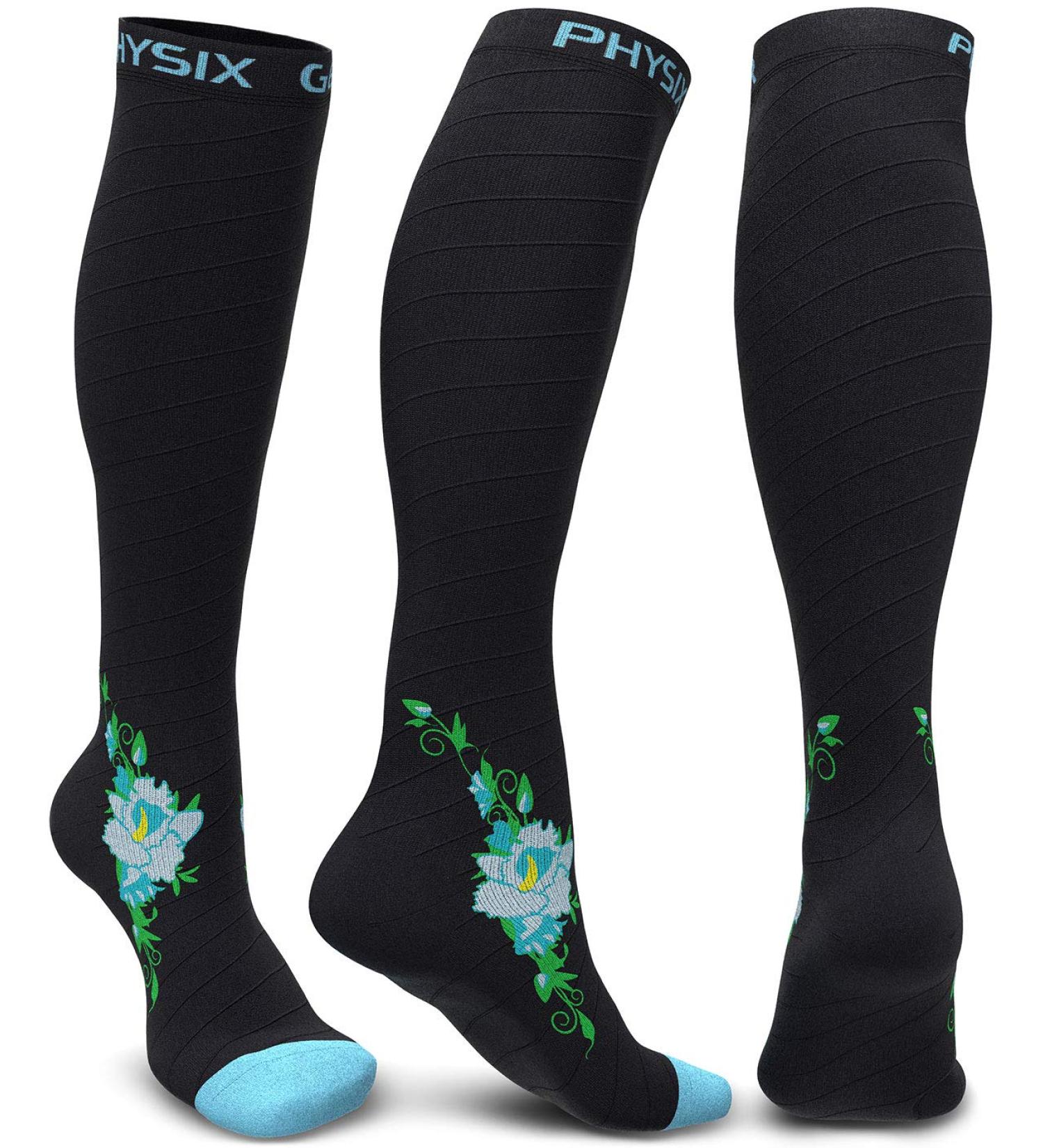 Physix Gear Compression Socks 20-30 mmHg for Men & Women - XXL Black Blue Flower - Athletic Fit for Running Nurses Maternity Pregnancy - Boost Stamina Circulation & Recovery - Buy Online on GoSupps.com