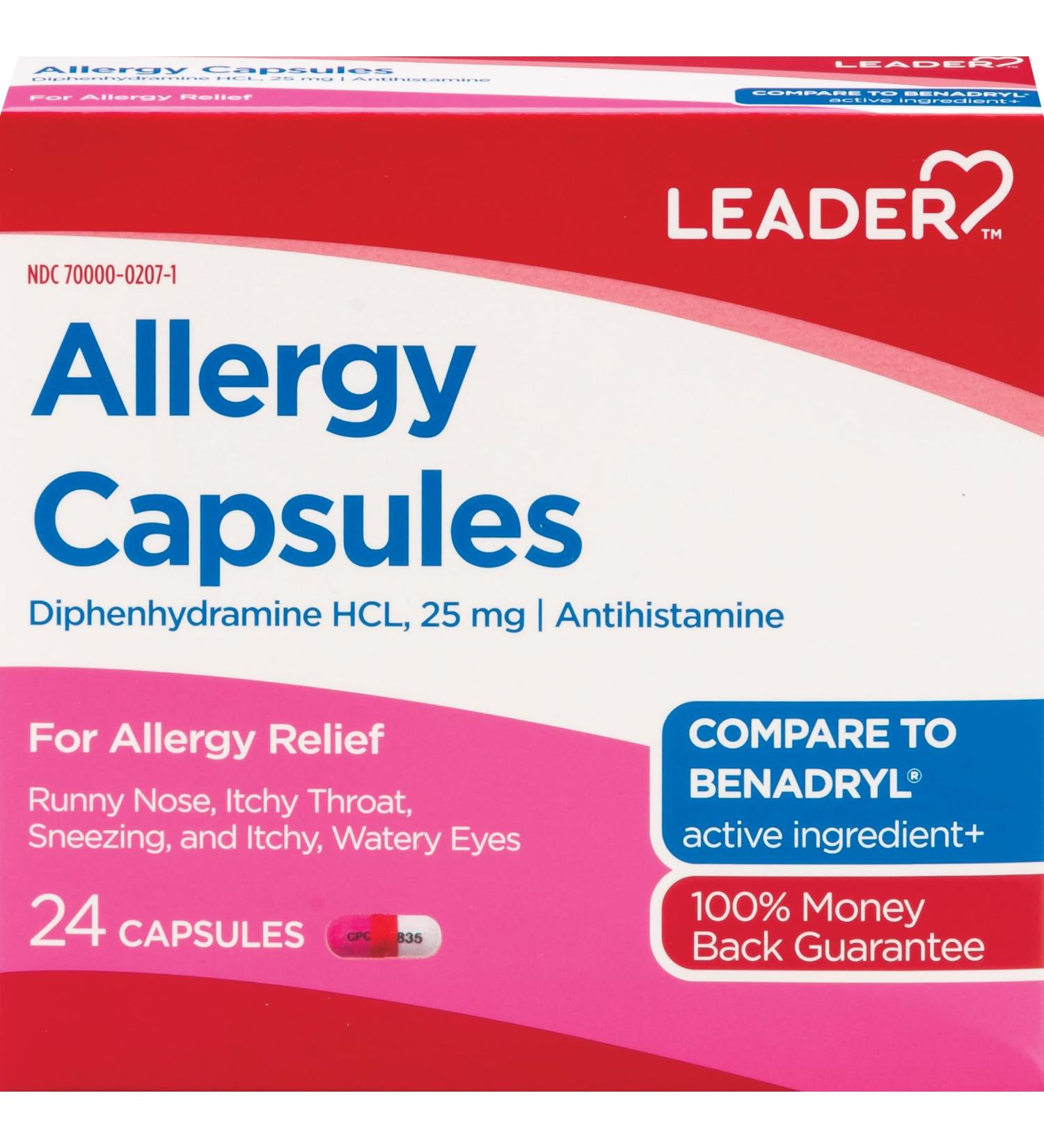 Leader Antihistamine Allergy Relief Diphenhydramine HCl 25mg Capsules 24 Count