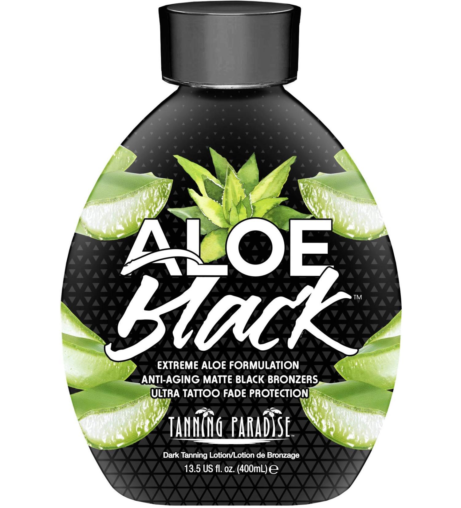 Tanning Paradise Aloe Black Tanning Lotion | Anti-Aging  Anti-Orange  Anti-Wrinkle Matte Black Bronzer Tanning Lotion | Tattoo & Color Fade Protection | Aloe Vera Cashmere Blend Tanning Lotion 13.5 oz