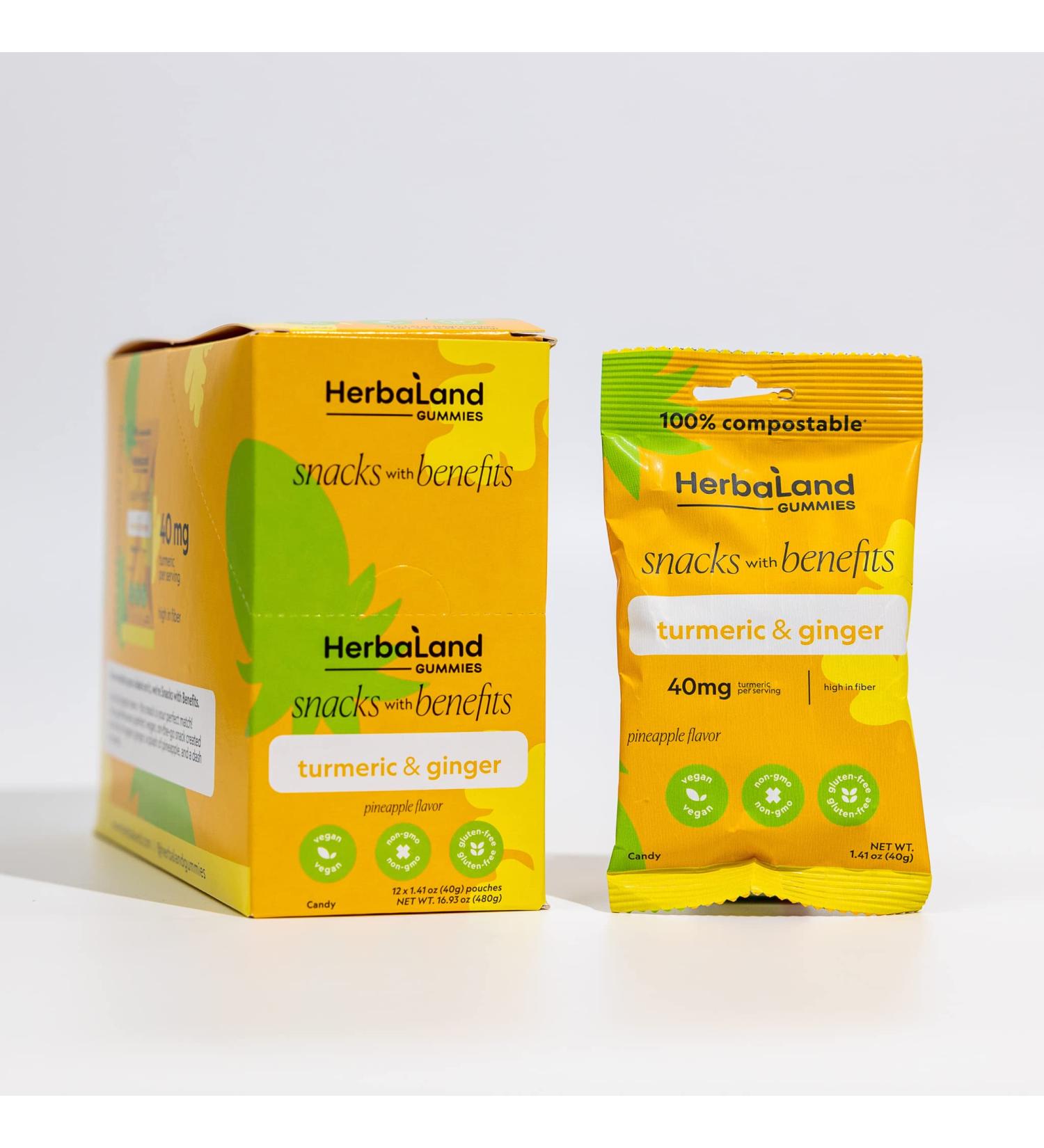 Herbaland Turmeric & Ginger Gummies Snacks with Benefits Vegan Low-Sugar High-Fiber Gluten-Free 40mg of Organic Turmeric & 10g of Organic Tapioca Fiber Per Pouch Pineapple Flavor 12 x 40g (Box of 12) Compostable Pouch - Buy Online on GoSupps.com