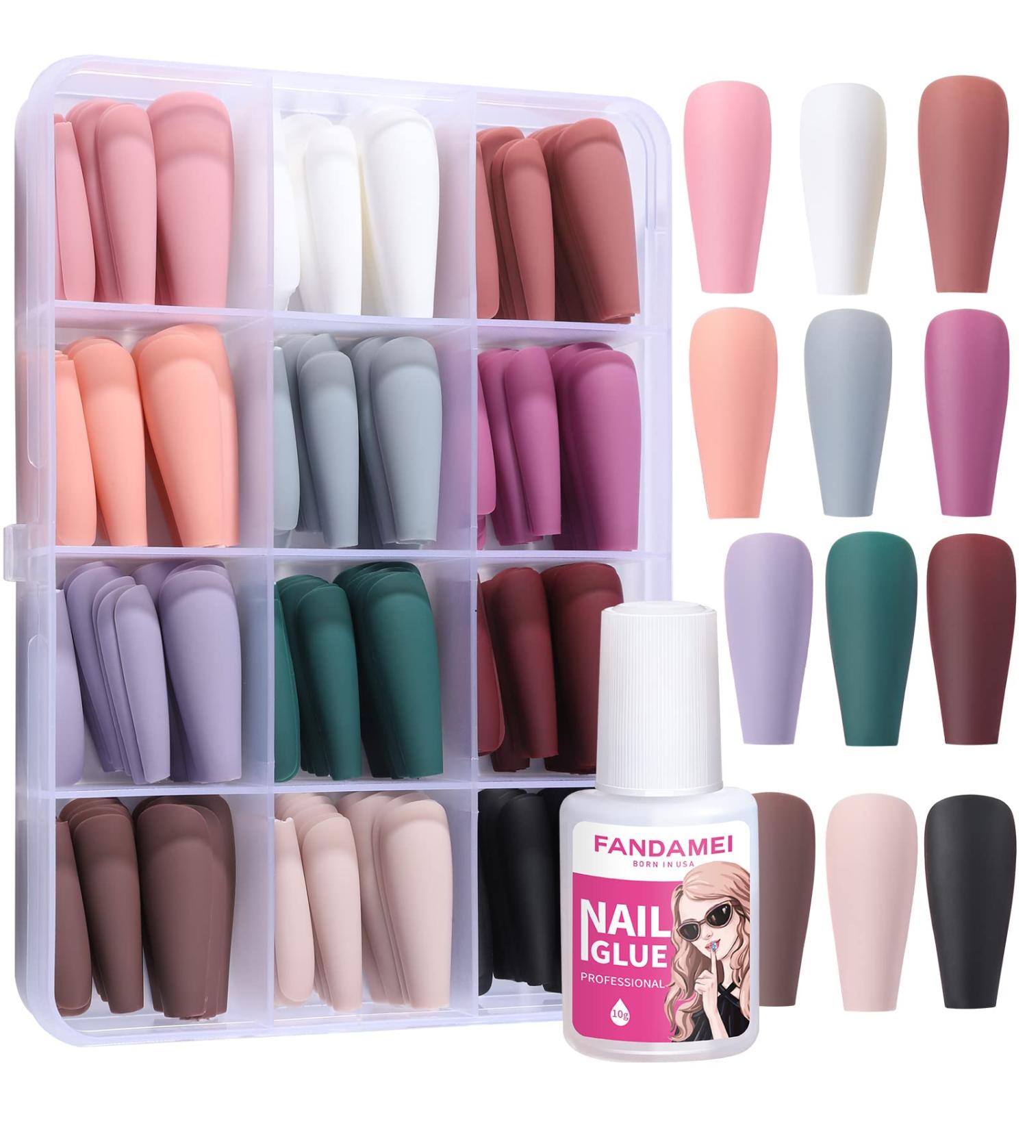 FANDAMEI Matte Press On Nails - 240PCS Long Coffin Ballerina Fake Nails with Glue | 12 Colors for DIY Nail Art - Perfect for Women & Girls - Buy Online on GoSupps.com
