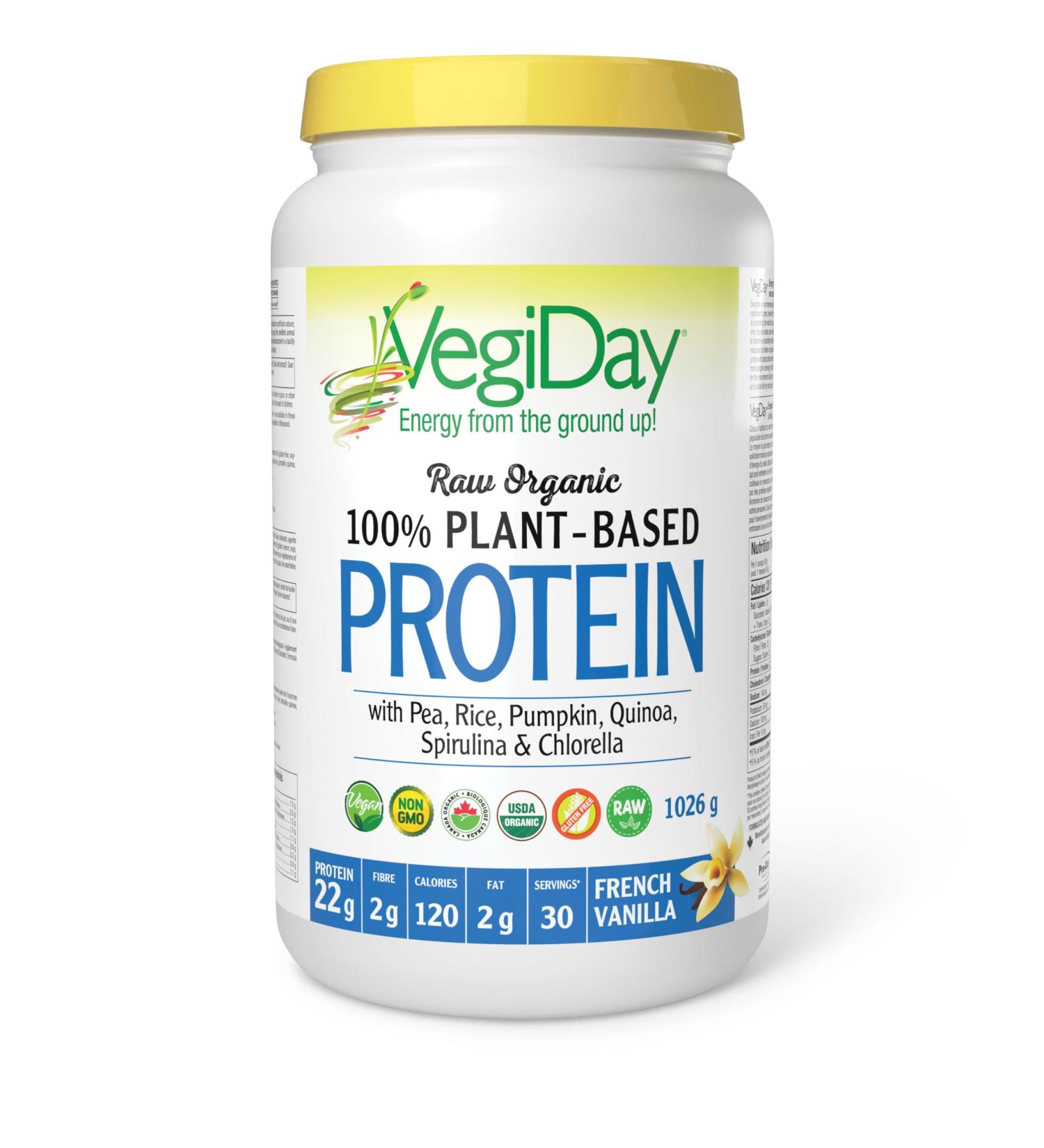 VegiDay Raw Organic Plant Based Protein 20g French Vanilla 1110g with Pea Pumpkin Chia Quinoa Spirulina & Chlorella - Buy Online on GoSupps.com