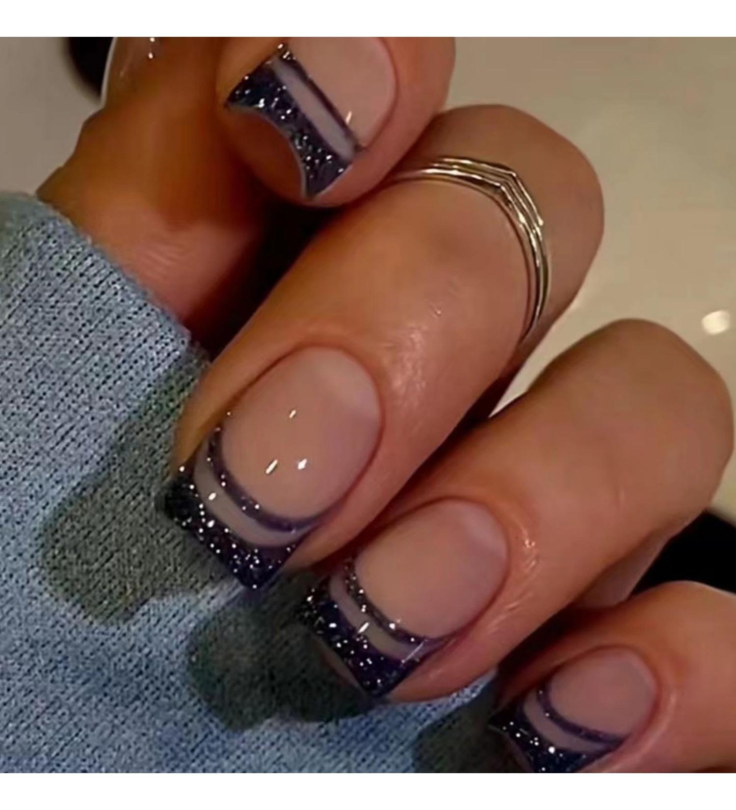 Buy Black French Tip Press On Nails - Short Square Glitter False Nails | 24 Pcs Acrylic Full Cover Design for Women - Buy Online on GoSupps.com