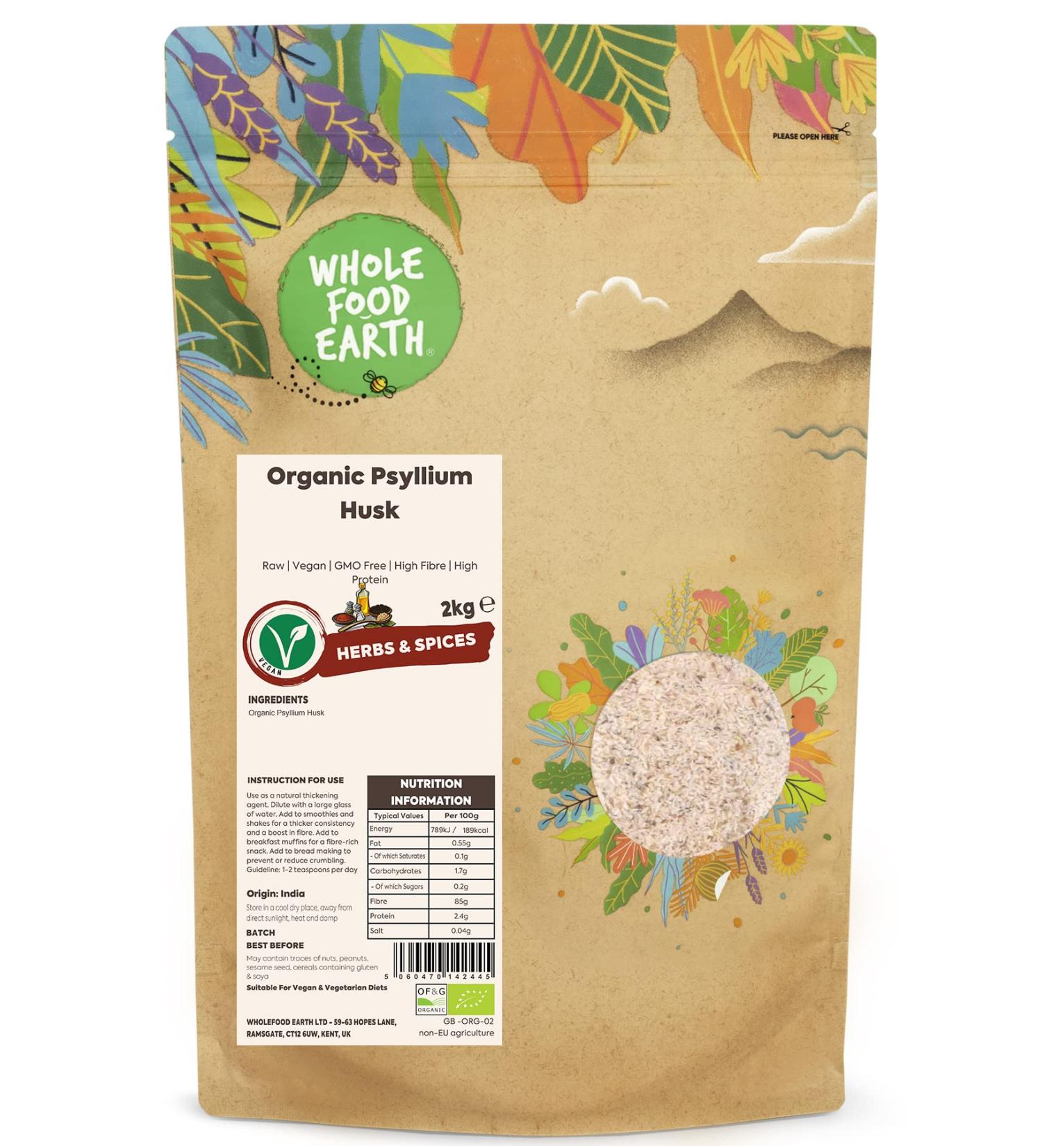 Wholefood Earth Organic Psyllium Husk 2kg - Raw, Vegan, GMO Free, High Fibre & Protein - Certified Organic - Buy Online on GoSupps.com