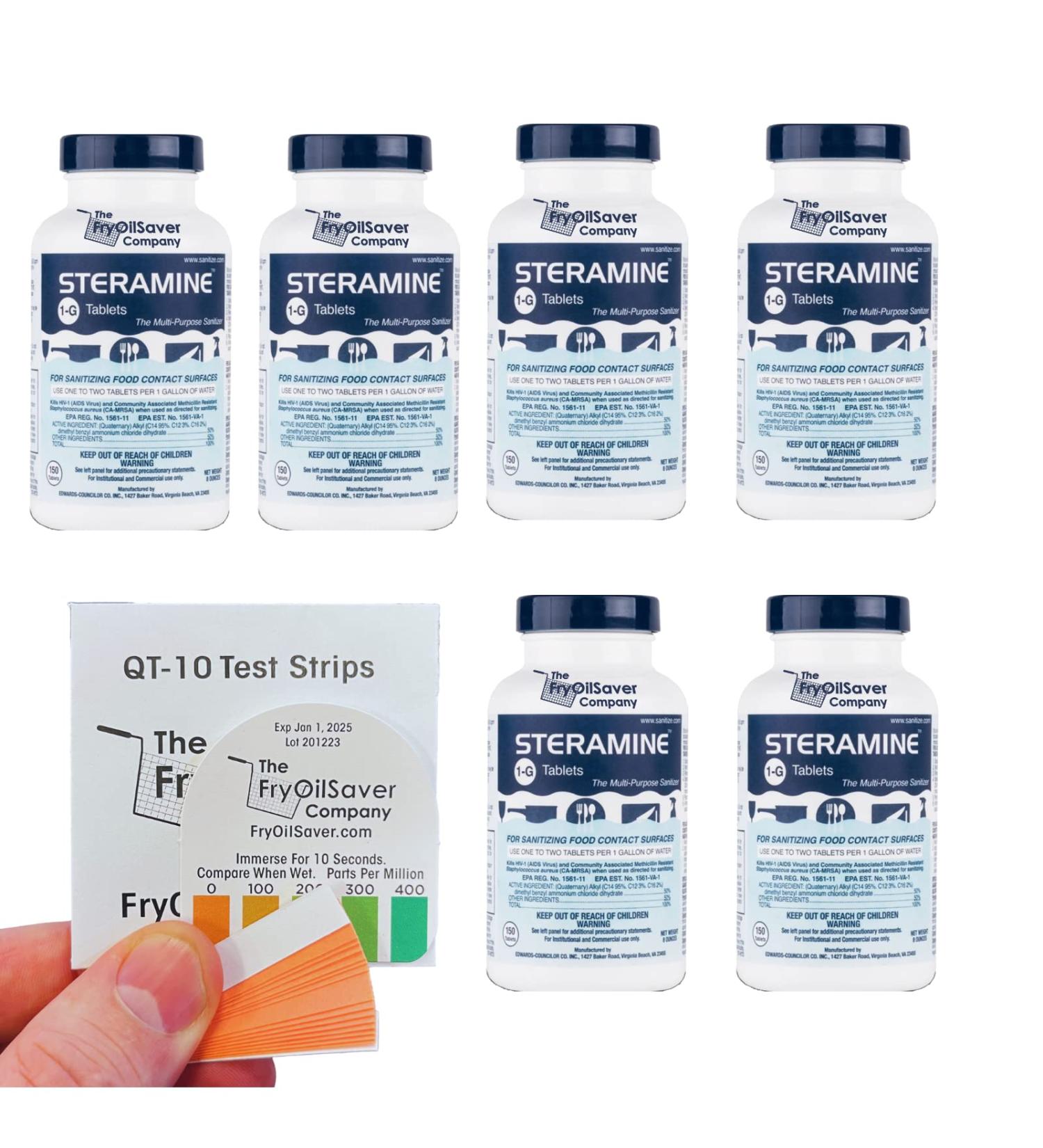 FryOilSaver Co. Sanitizing Kit Steramine Sanitizing Tablets and QT-10 Test Strips. 1G-QT-10 800 Tablets (Pack of 6 Bottles and 30 Test Strips) 150 Count (Pack of 6) - Buy Online on GoSupps.com