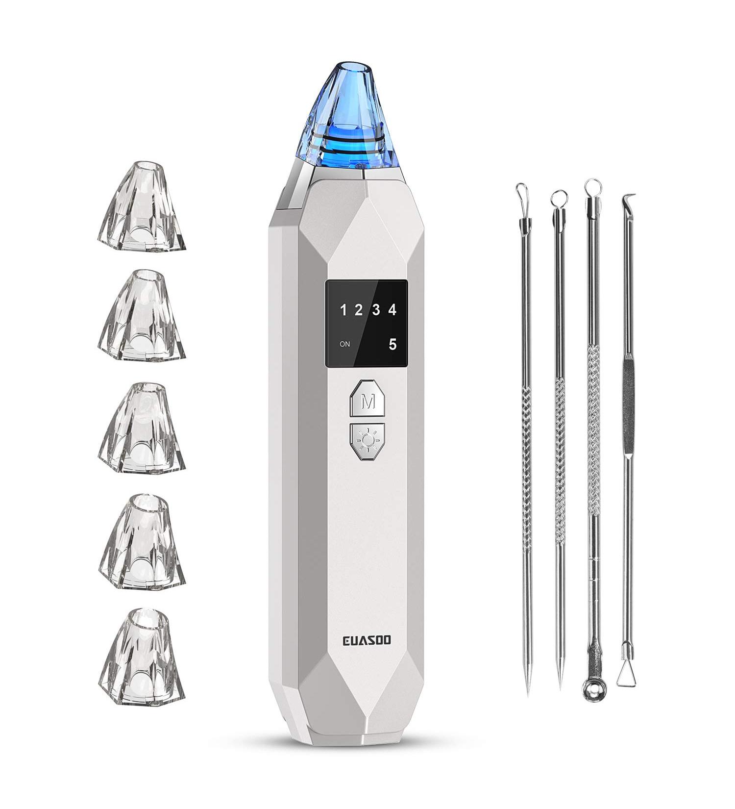 EUASOO Blackhead Remover Vacuum Kit | USB Rechargeable Facial Pore Cleanser with 5 Probes and 5 Suction Power Levels for Skin Treatment - Buy Online on GoSupps.com
