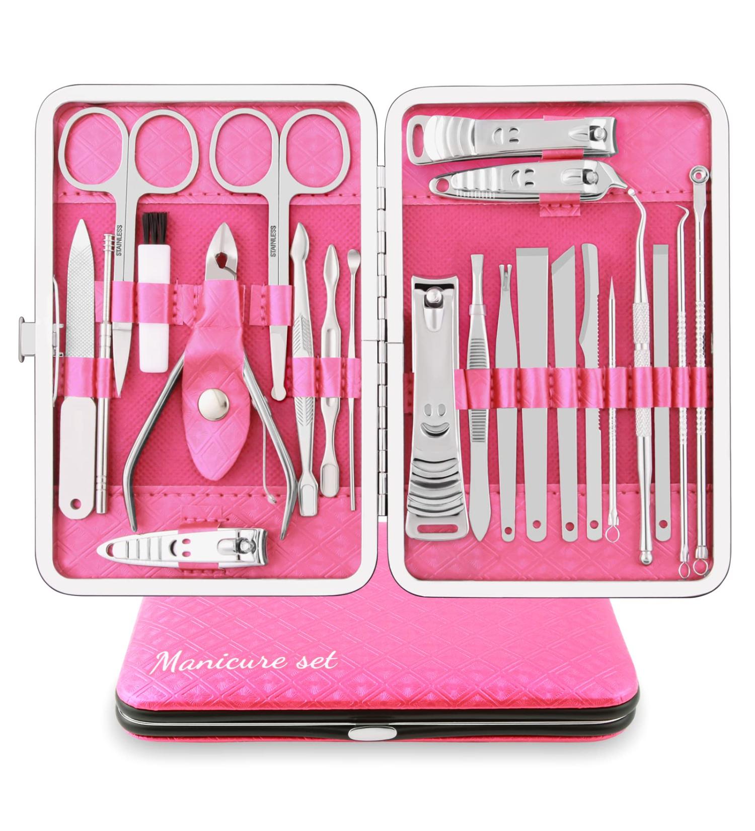 Manicure Set Professional Nail Clippers Kit Pedicure Care Tools 23pcs Stainless Steel Grooming Tools with Black PU Leather Case for Travel or Home (Pink/Silver) - Buy Online on GoSupps.com