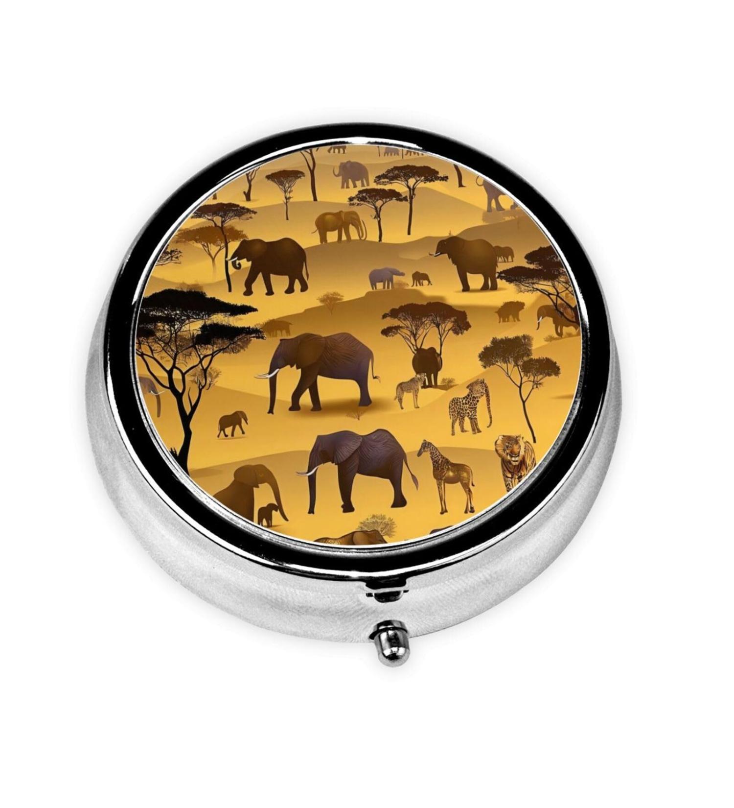 Shop African Grassland Animals Portable Metal Pill Box - Travel-Friendly 3-Compartment Design for Small Pills - Buy Online on GoSupps.com