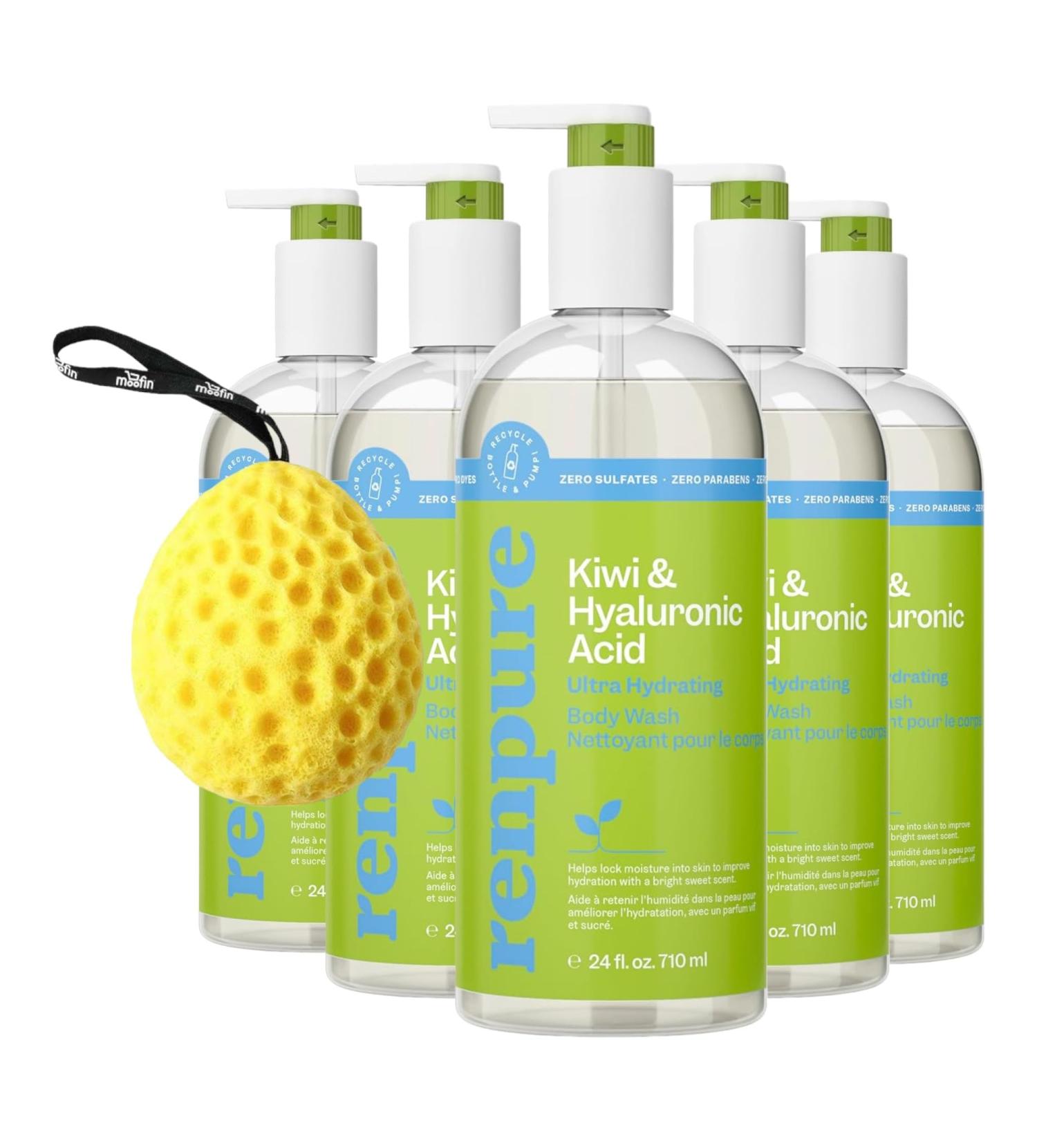RENPURE Kiwi & Hyaluronic Acid Body Scrub - Ultra Hydrating Cleanser & Bath Sponge | Pack of 5 for Supple Skin - Buy Online on GoSupps.com
