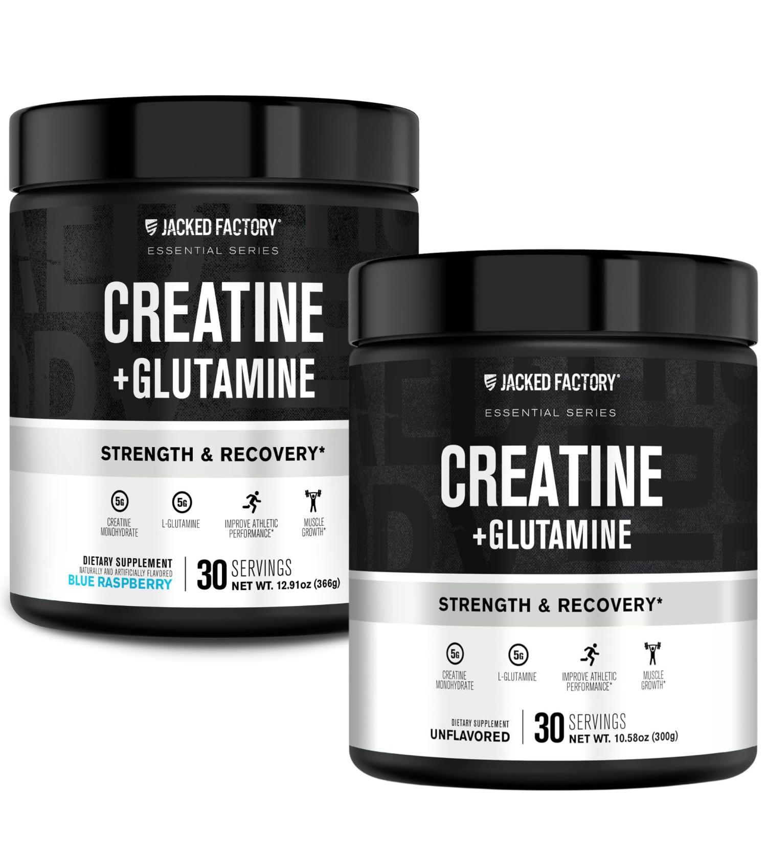 Jacked Factory Creatine + Glutamine - Creatine Supplement with L-Glutamine for Muscle Recovery Muscle Growth Increased Strength (30 Servings Unflavored & 30 Servings Blue Raspberry) - Buy Online on GoSupps.com