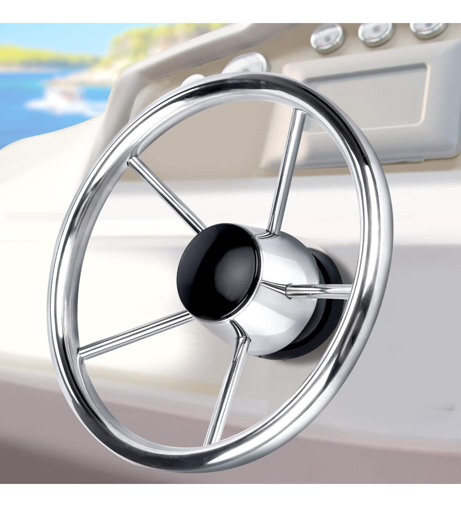 Marinebaby Stainless 5-Spoke 11 Inch Destroyer Style Boat Steering Wheel for Pontoon Boat Yacht - Buy Online on GoSupps.com