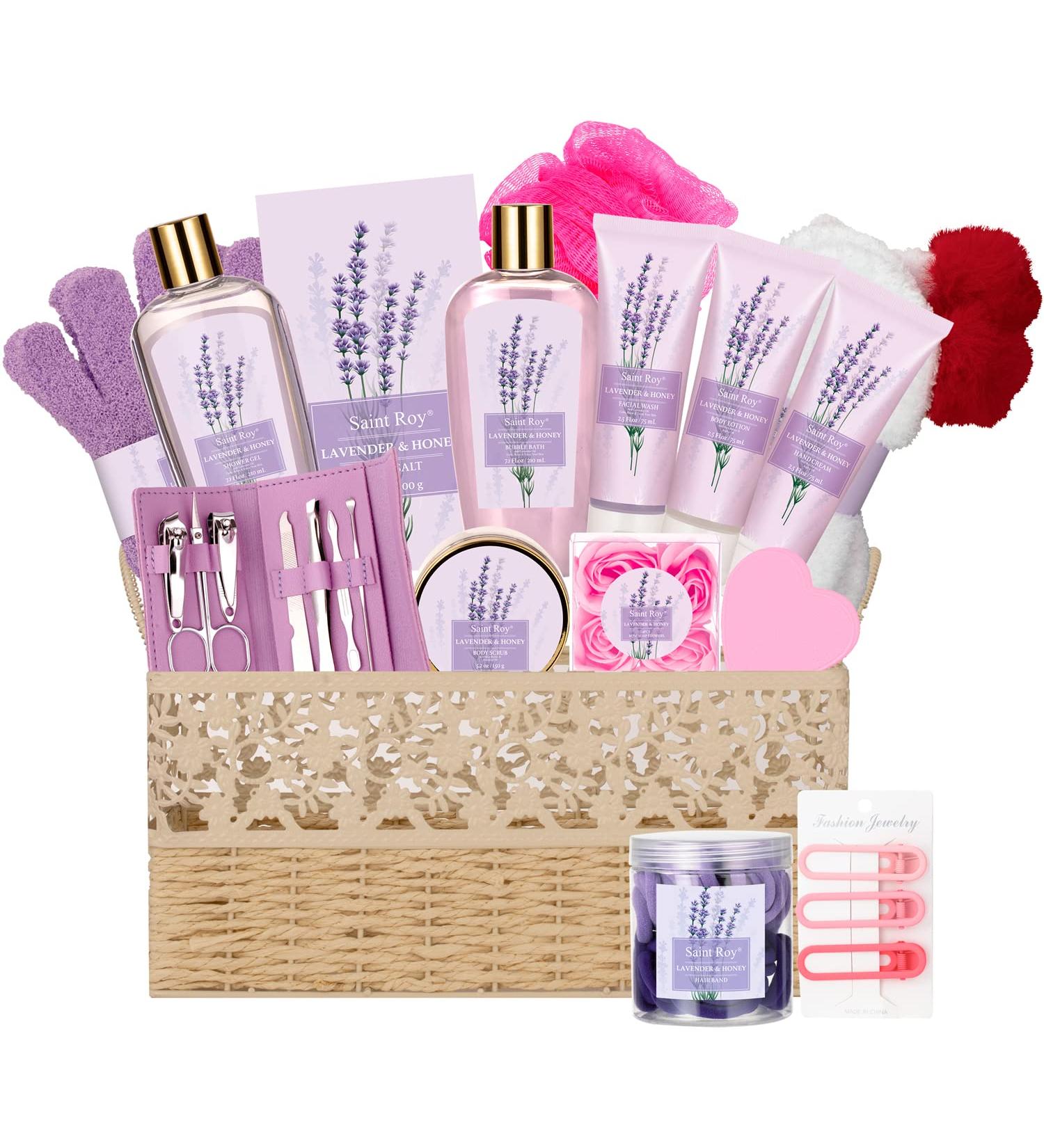 26Pcs Large Spa Basket: Unique Gifts for Women, Mother's Day & Birthday Gift Basket with Lavender & Honey - Luxurious Relaxing Home Spa Kit for Ladies - Buy Online on GoSupps.com