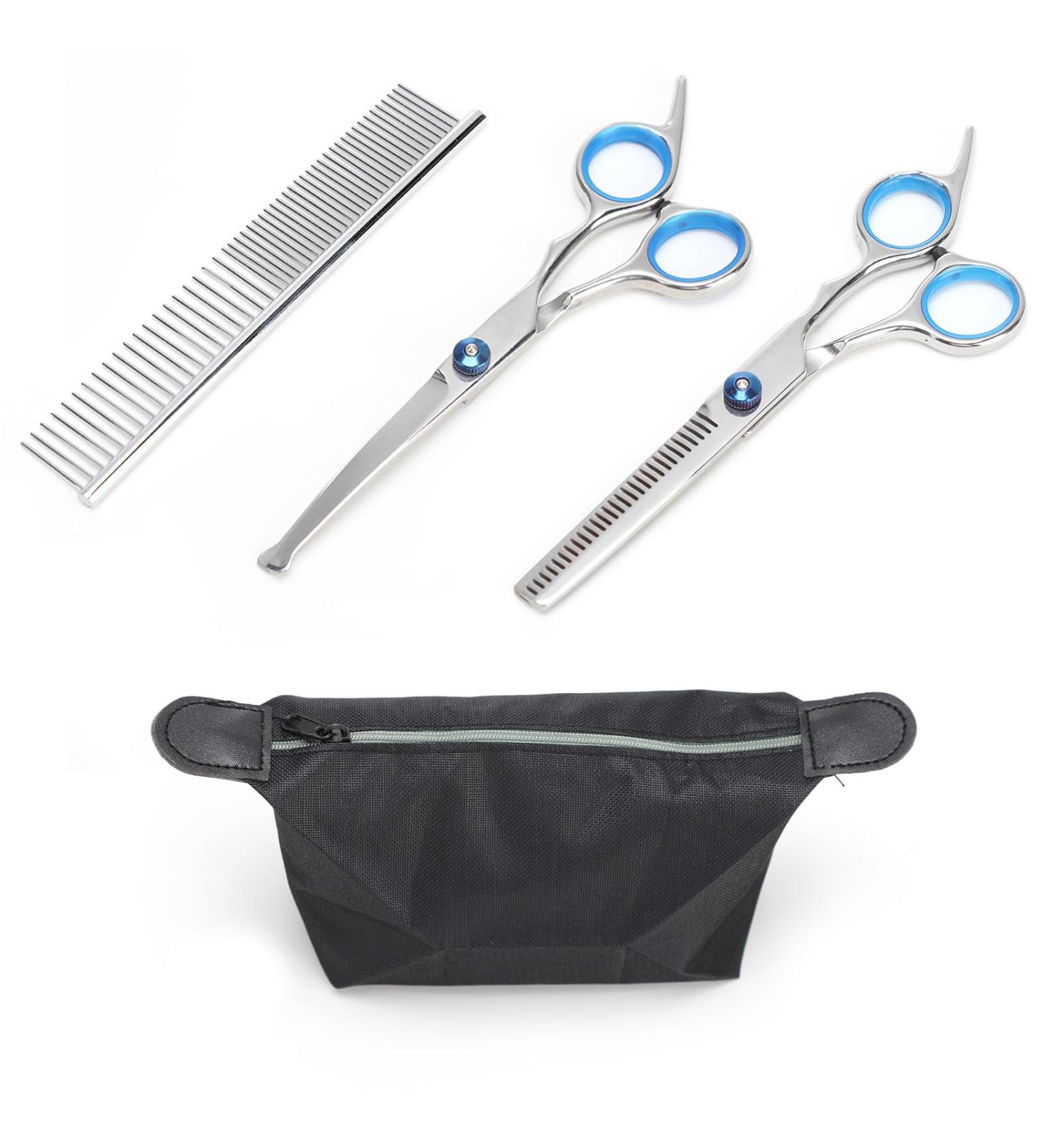 Dog Grooming Scissors Set 3PCS Blue Stainless Steel Pet Beauty Scissors with Storage Bag Pets Grooming Shears with Safety Round Tip for Pet Hair Fur Care (Thinning Shears Curved Scissor Comb) - Buy Online on GoSupps.com