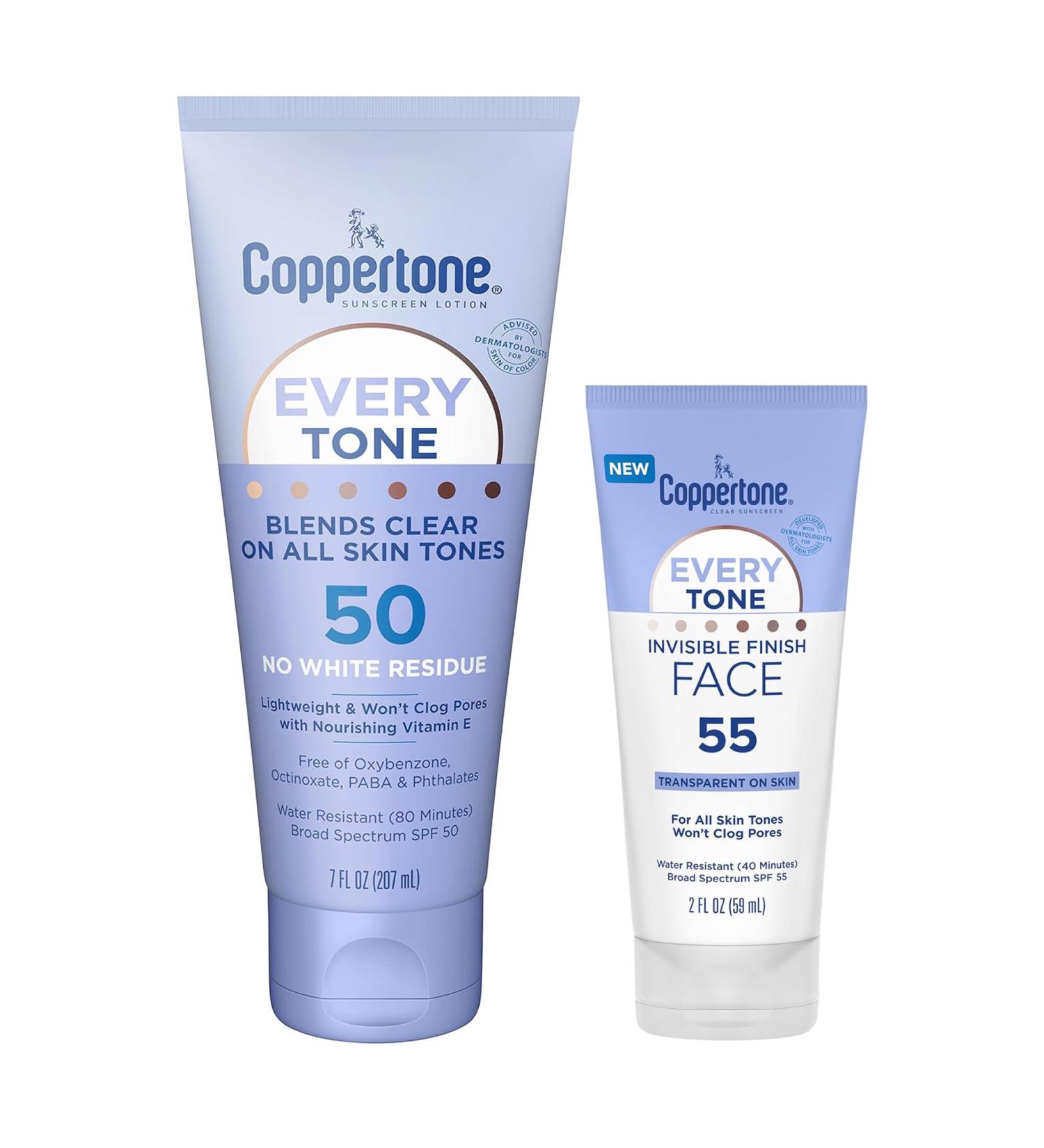 Coppertone Every Tone Sunscreen Lotion SPF 50 for Face and Body (7 Fl Oz) + Every Tone Invisible Finish Sunscreen Face Lotion SPF 55 (2 Fl Oz), Blends in Clear on All Skin Tones - Buy Online on GoSupps.com
