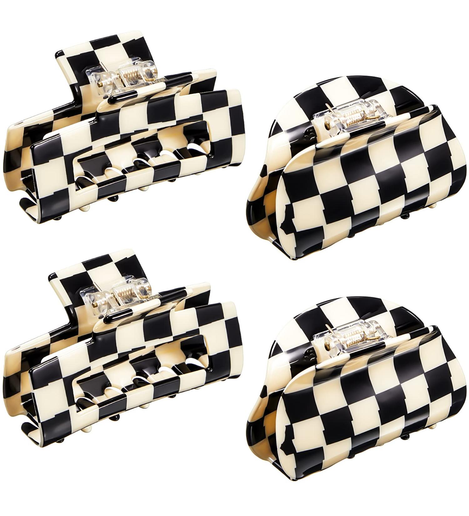 Checkered Hair Claw Clips Set - Non Slip Large Rectangular Barrettes for Women & Girls - 80's Hair Accessories (Black/White) - Buy Online on GoSupps.com