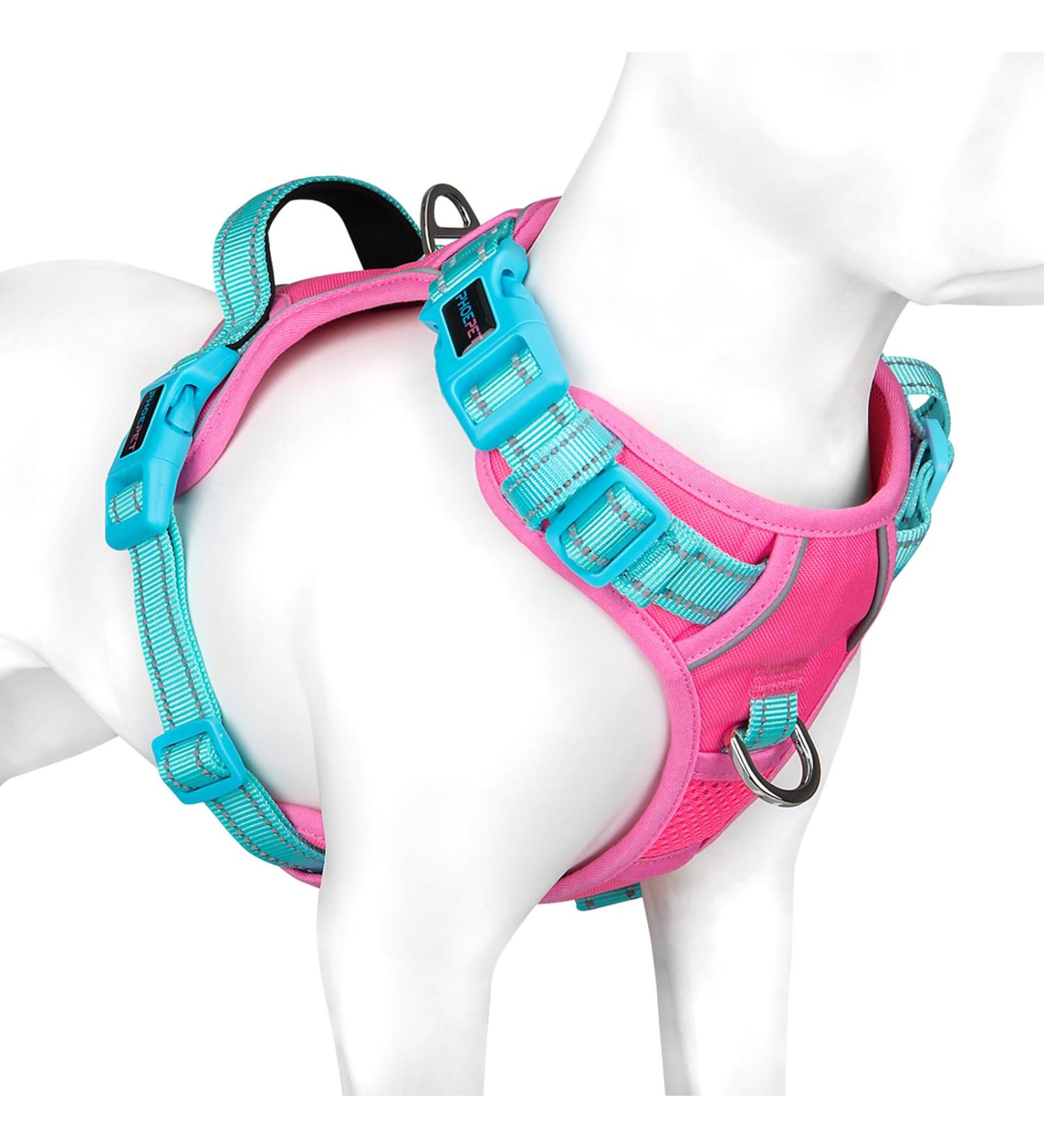 Phoepet XL No Pull Dog Harness - Reflective Vest with Soft Training Handle | Pink Base & Green Straps for All Dog Sizes - Buy Online on GoSupps.com