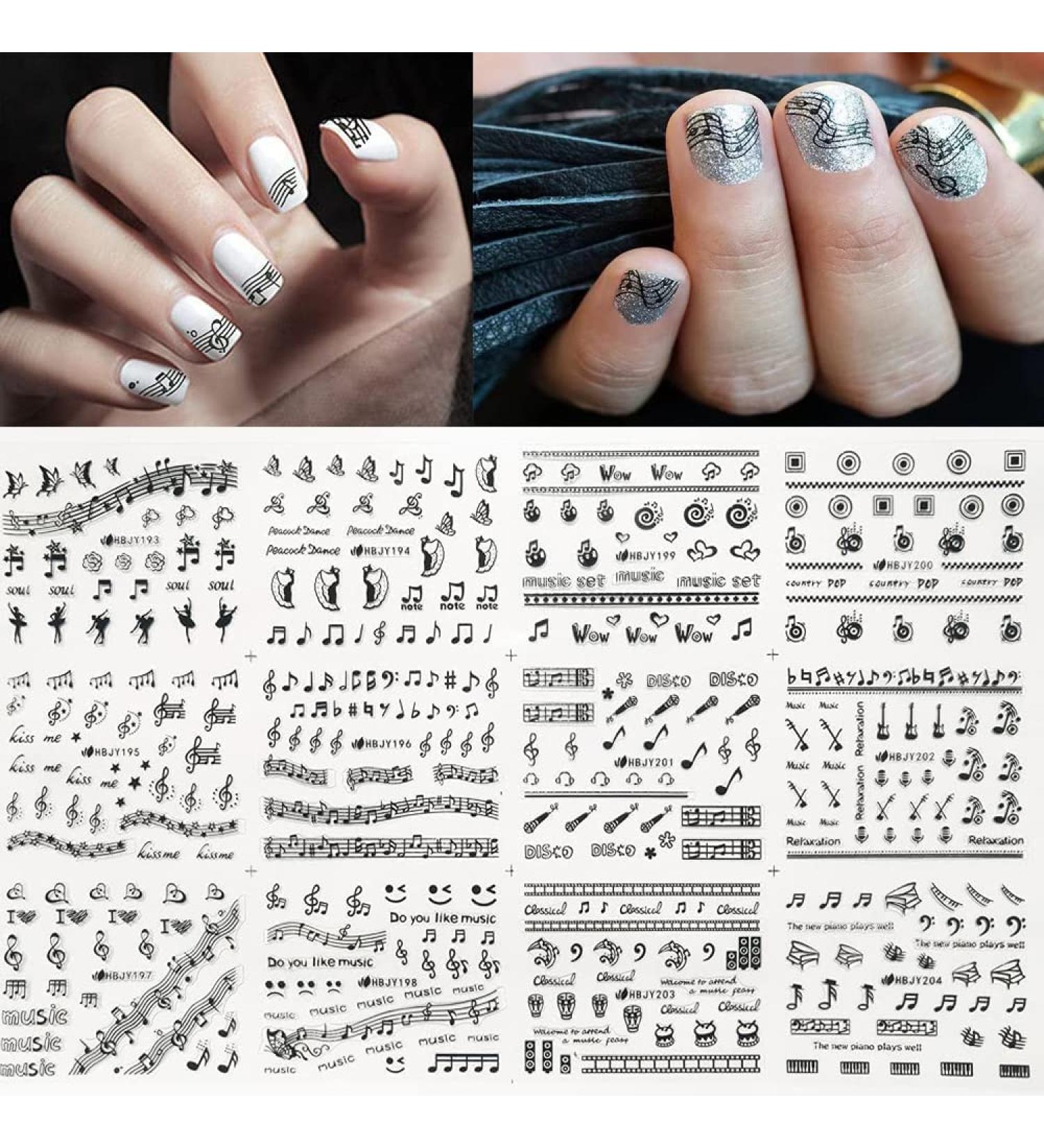 Musical Instrument Nail Art Stickers - 3D Self-Adhesive Decals for Manicure - Guitar, Piano, Microphone Design - 12 Sheets for Women, Girls, Kids - Buy Online on GoSupps.com