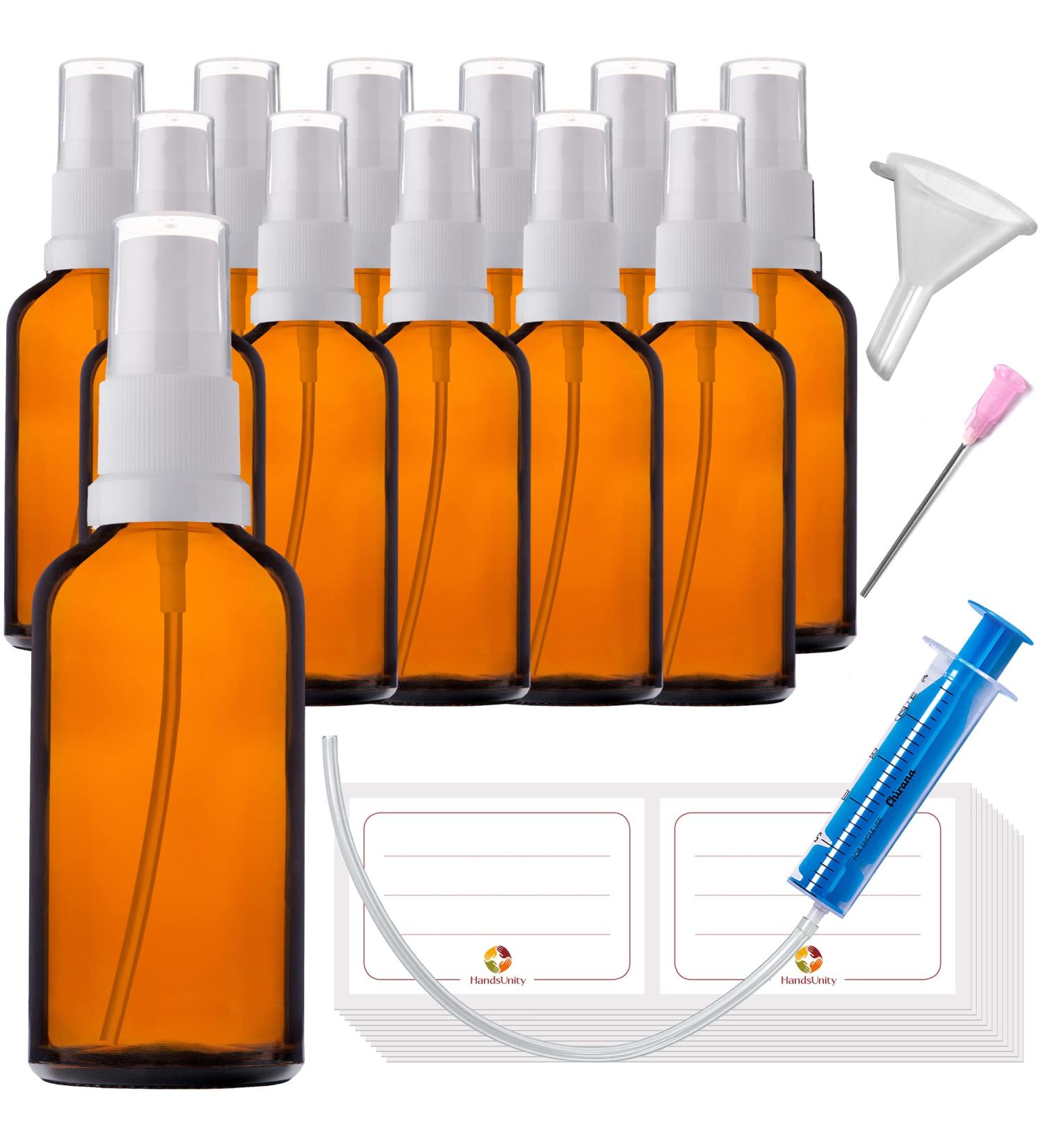 Handsunity 50ml Amber Glass Spray Bottle Set - 12 pcs with White Atomizer & 29 Accessories | Pharmacy-Grade Quality for International Shipping - Buy Online on GoSupps.com