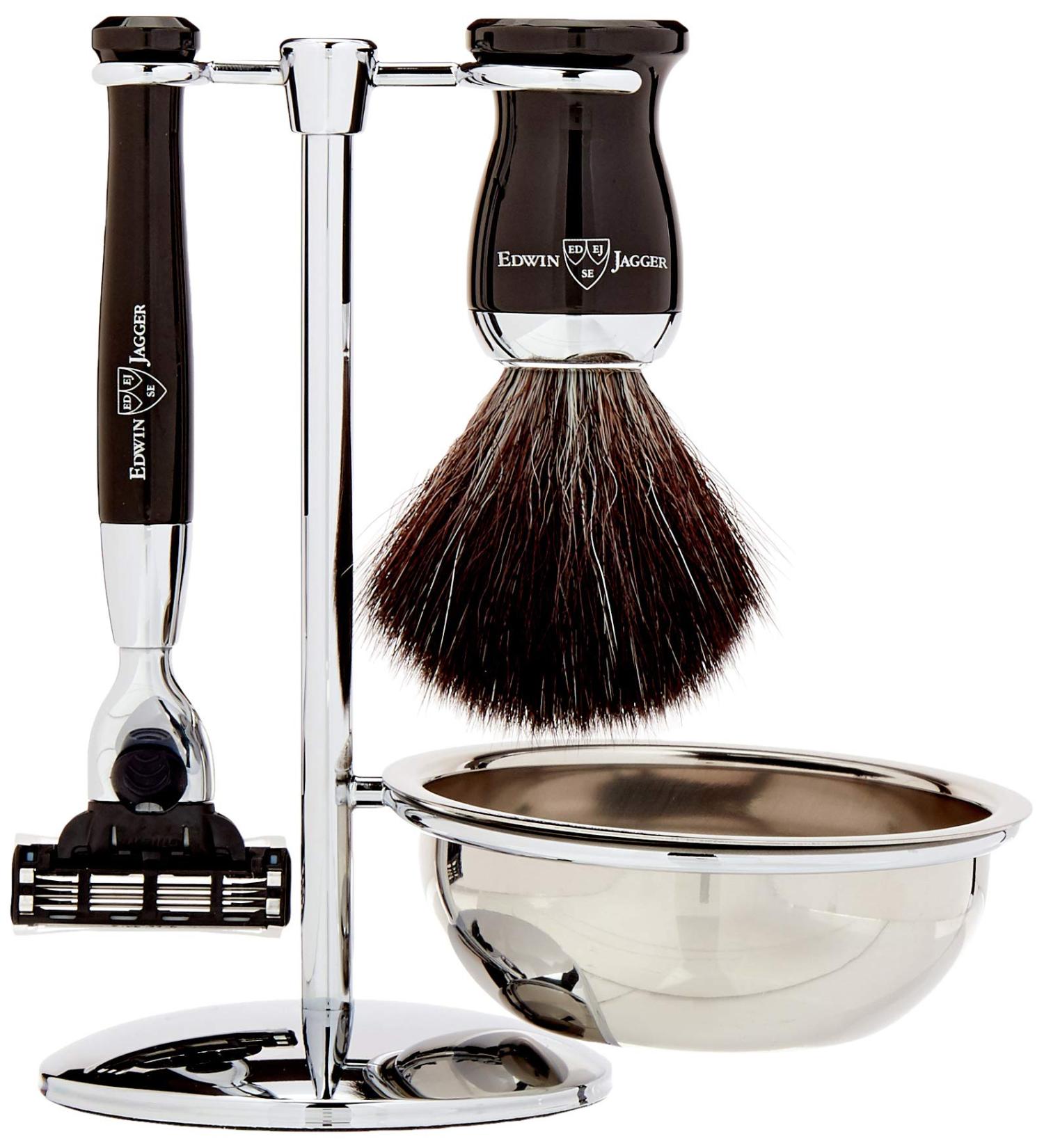 4-part set with Edwin Jagger handle for a Gillette Mach3 shaving patron razor brush black synthetic fiber with stand and bowl chrome