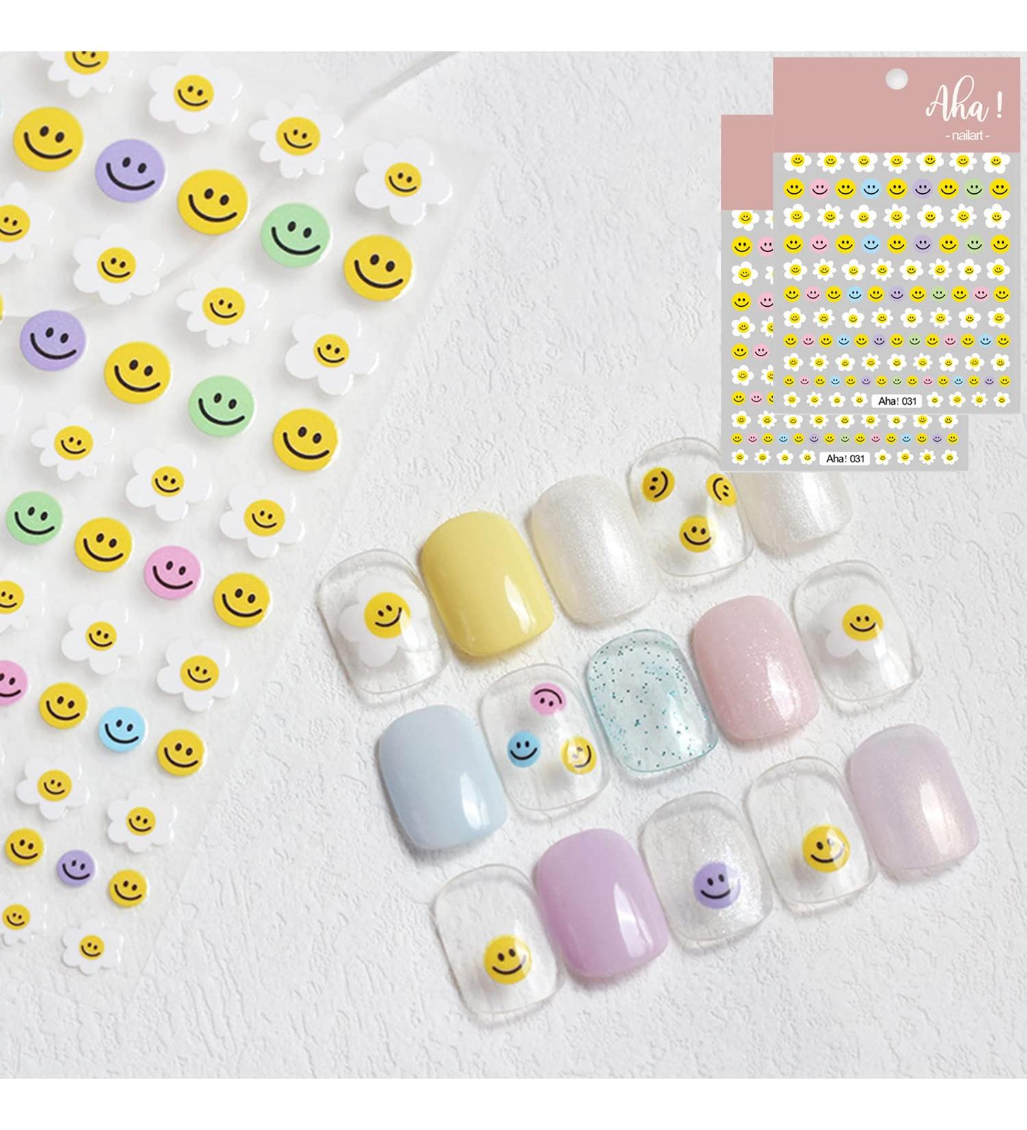 Flower Smiley Nail Art Stickers - 3D Self Adhesive Decals for Ladies, Girls, and Kids - Trendy DIY Fashion Accessories (2 Sheets) - Buy Online on GoSupps.com