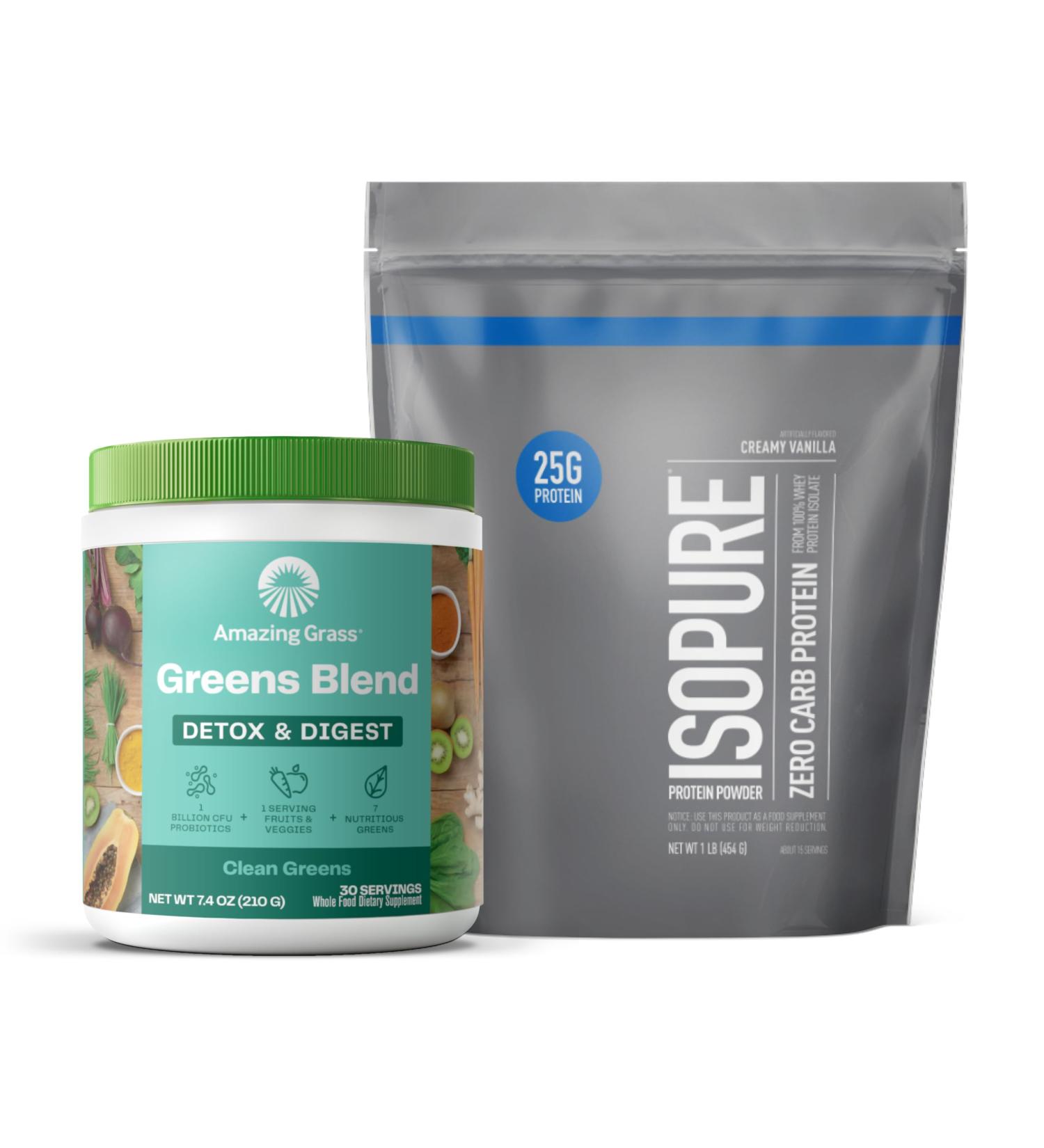 Build Your Smoothie Immunity Bundle with Isopure Zero Carb Creamy Vanilla Protein Powder (15 Servings) and Amazing Grass Greens Blend Detox & Digest (30 Servings) - Buy Online on GoSupps.com