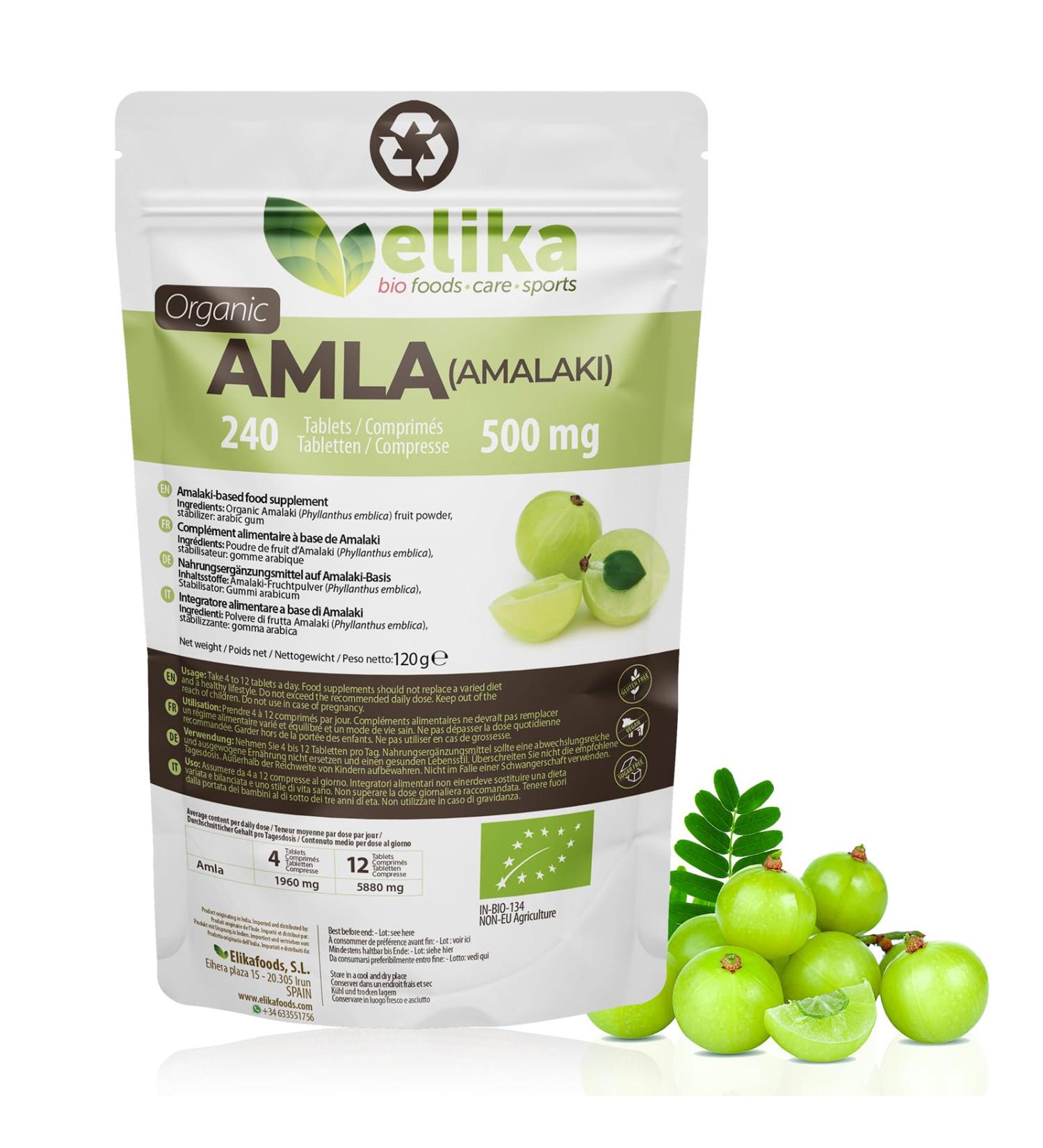 ORGANIC Amla Elikafoods ORGANIC. 240 tablets of 500mg. Strengthens hair and skin. Contains vitamin C minerals and antioxidants. 100% natural vegan and gluten-free. - Buy Online on GoSupps.com