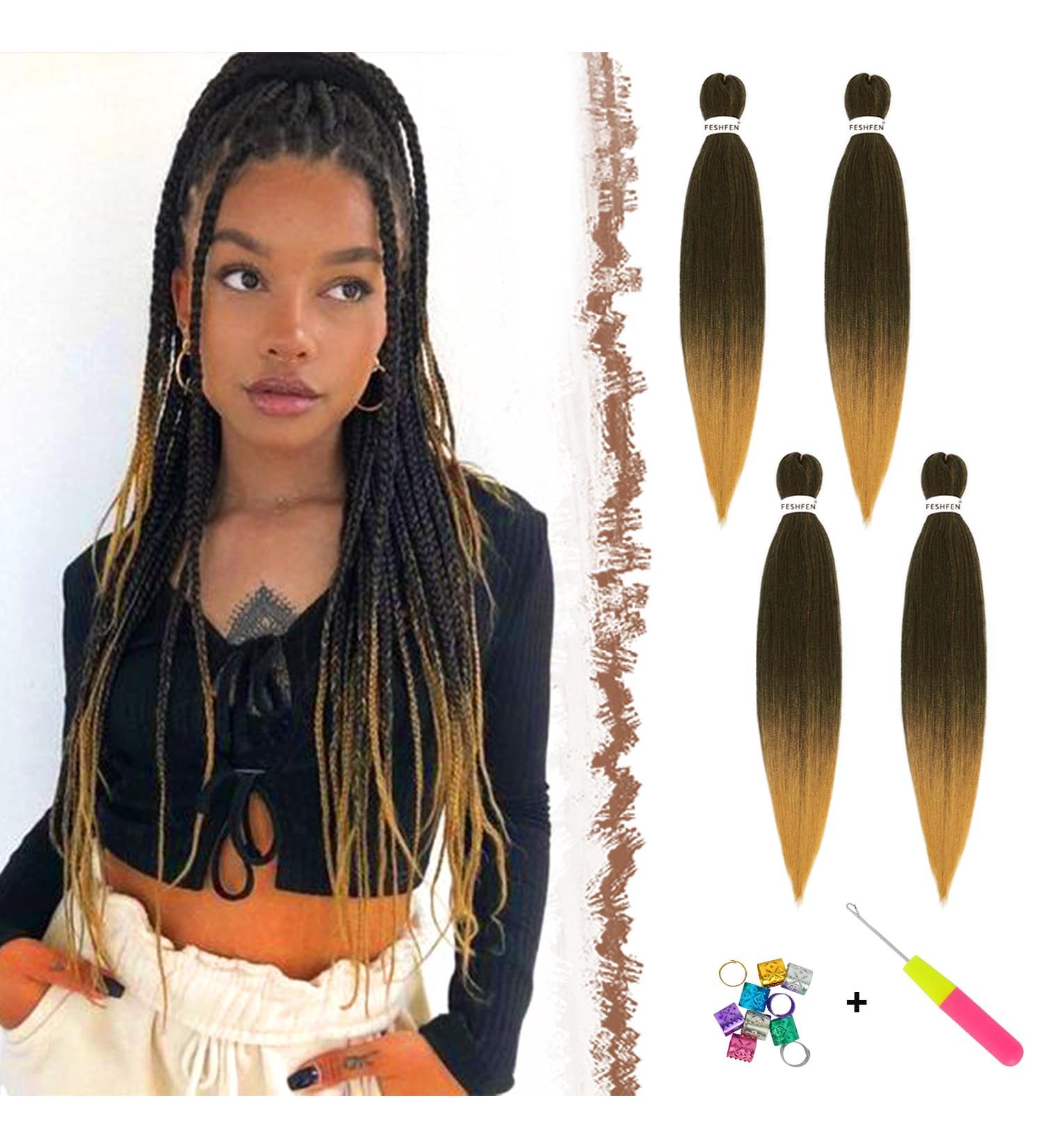 Feshfen Pre Stretched Ombre Hair Extensions for Braids - 65 cm | Yaki-Texture Black to Strawberry Blonde (4 Pack) - Ideal for Stunning Braids - Buy Online on GoSupps.com