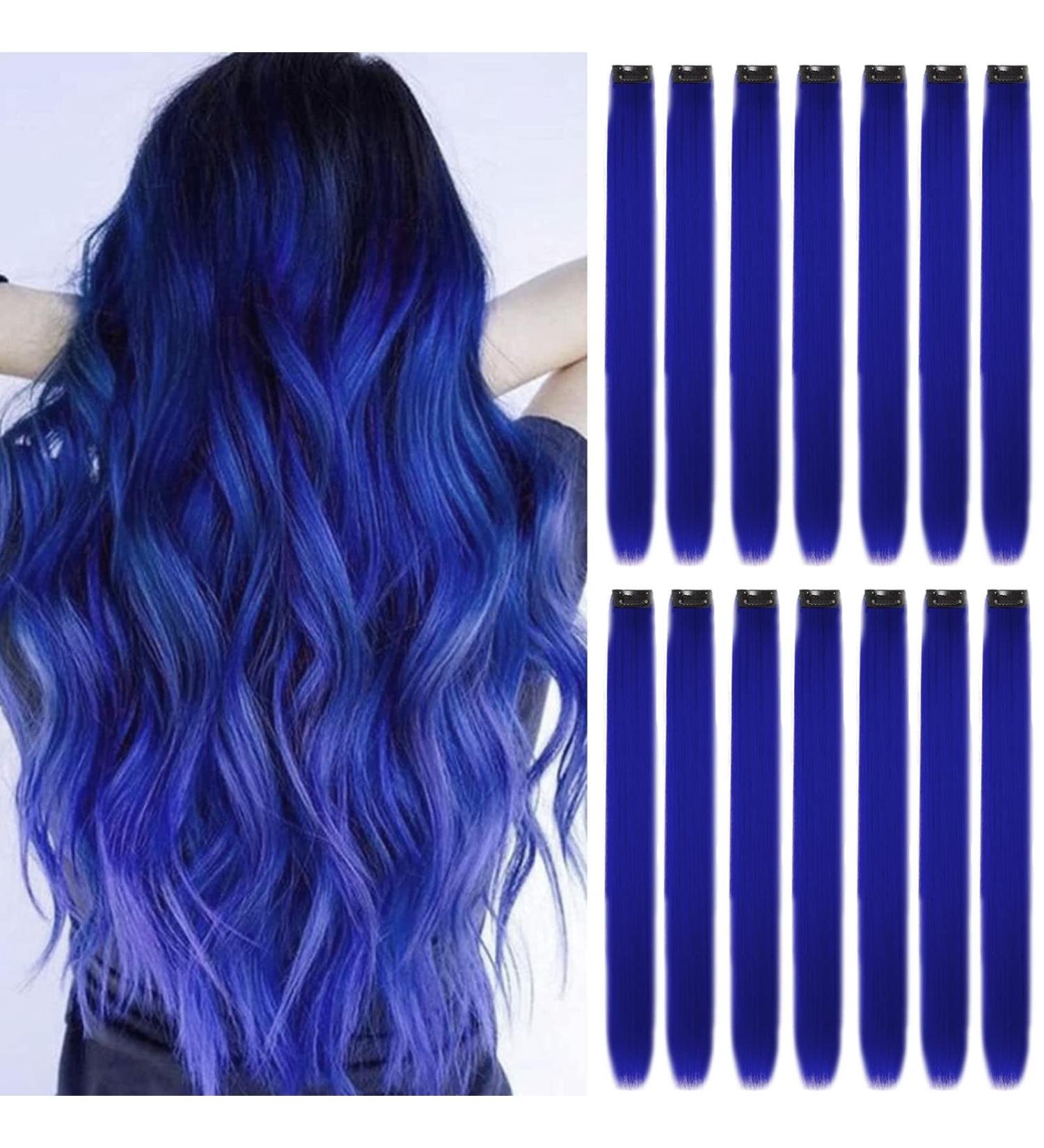 16Pcs Blue Clip in Hair Extensions 22 Inch - Colorful Highlights for Girls & Women - Heat-Resistant Synthetic Hair Accessories - Ideal for Parties - Buy Online on GoSupps.com