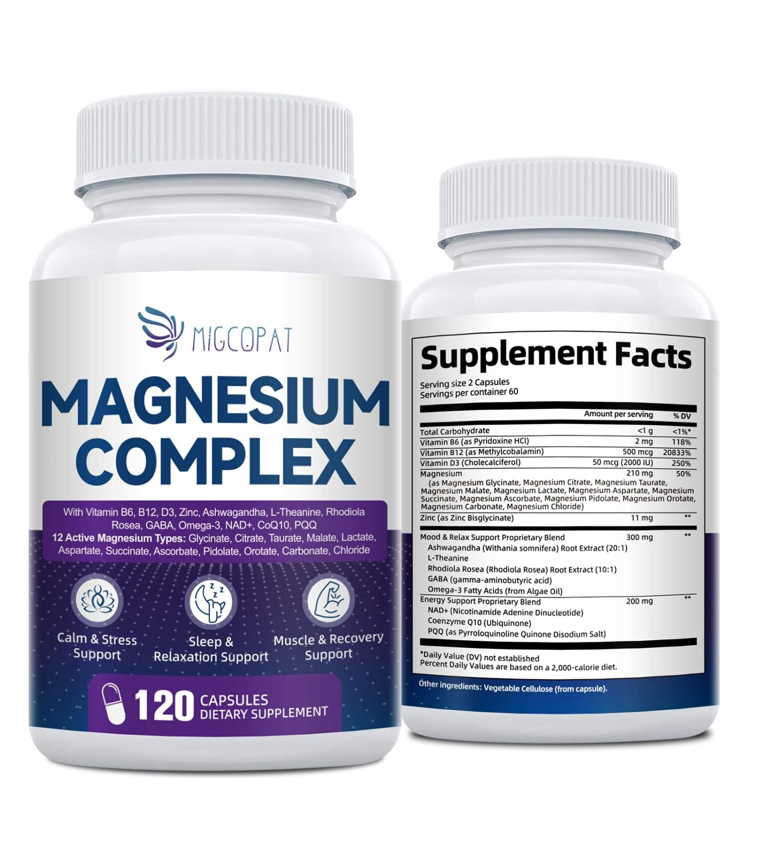 Migcopat Magnesium Complex w/Magnesium Glycinate Malate Citrate | 24-in-1 Magnesium Supplement w/Ashwagandha L-Theanine & NAD+ | Supports Calm Energy Muscle & Sleep | Non-GMO 120 Vegan Caps - Buy Online on GoSupps.com