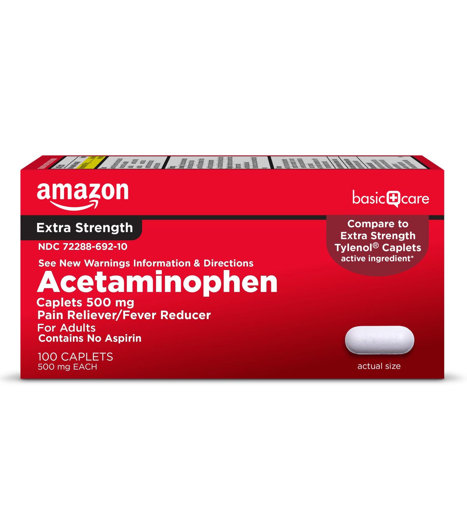 Buy Amazon Basic Care Extra Strength Acetaminophen 500 mg Caplets - Pain Relief & Fever Reducer (100 Count) | Fast International Shipping - Buy Online on GoSupps.com