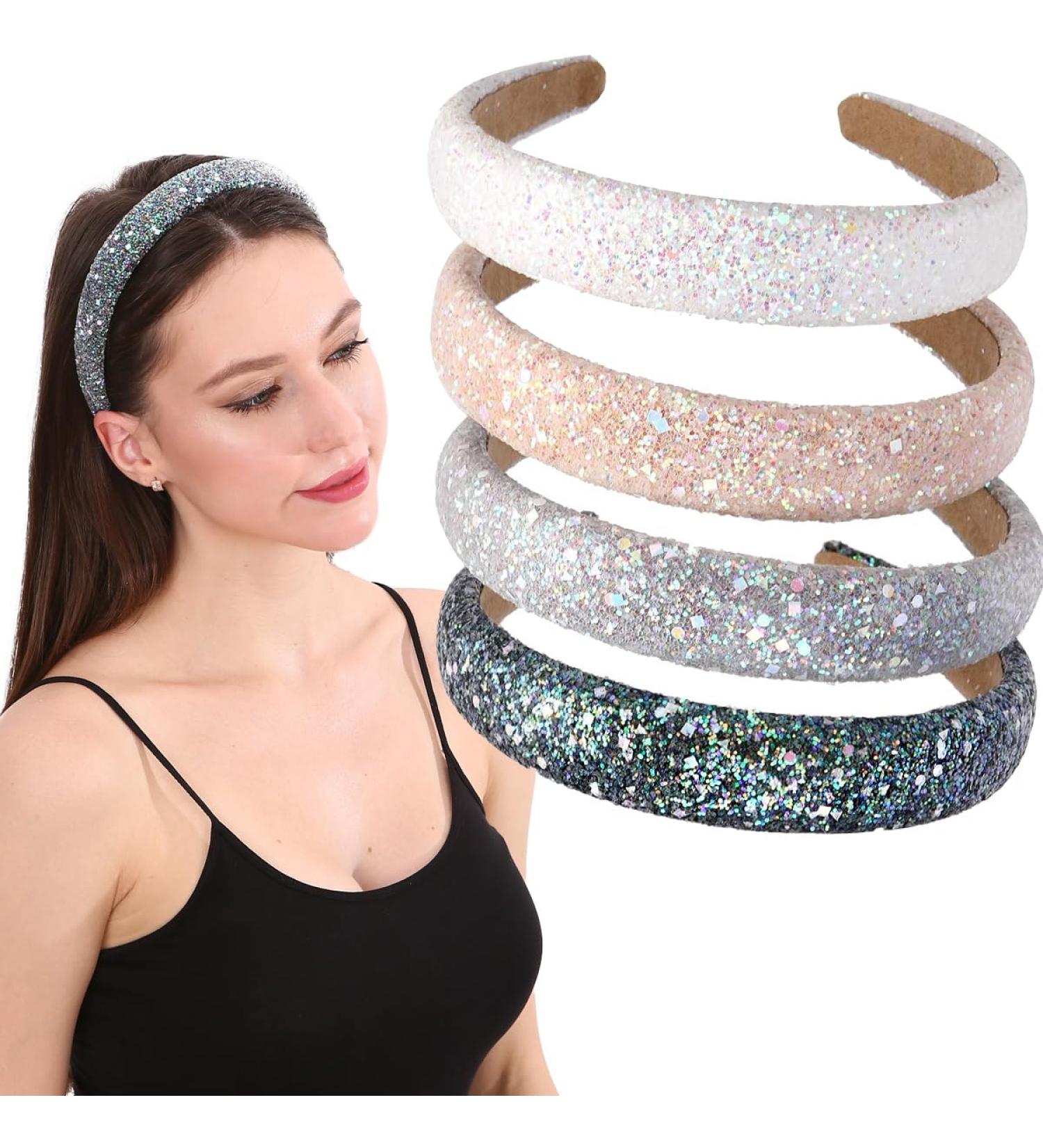 4 PCs Glitter Sequin Headbands for Girls & Women - Sparkling 1.1-Inch Wide Padded Hair Bands in Black Gray Beige White - Buy Online on GoSupps.com