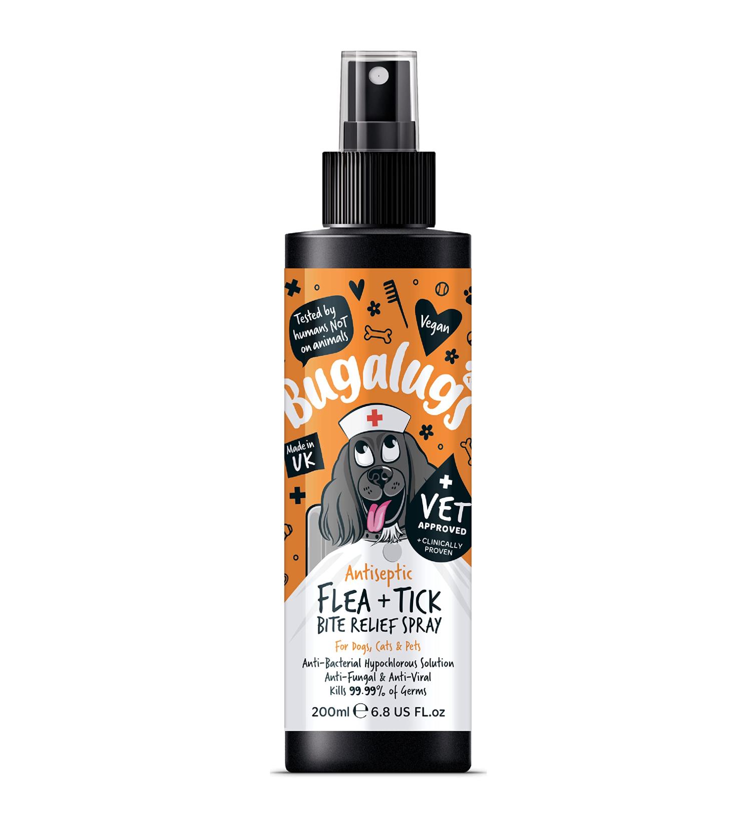 Bugalugs Insect Bite Relief Antiseptic spray for dogs 200ml puppy cats & pets - Dog grooming Antibacterial Antifungal for dog itchy skin relief - use alongside our flea shampoo for dogs - Buy Online on GoSupps.com