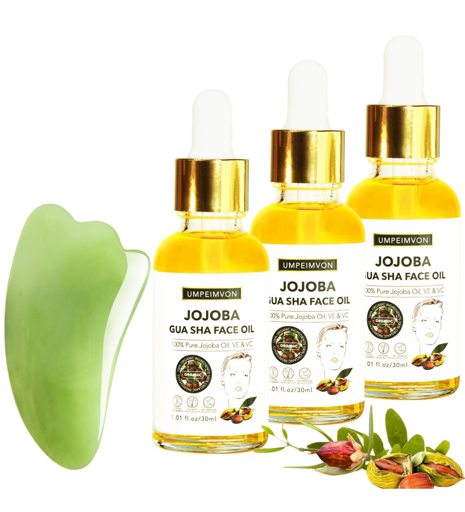 3 Pack Gua Sha Facial Oil Set - 99% Organic Jojoba Cold Pressed Vitamin E & C for Face Hair & Nails | Scented Massage Oil with Gua Sha Tool - Buy Online on GoSupps.com