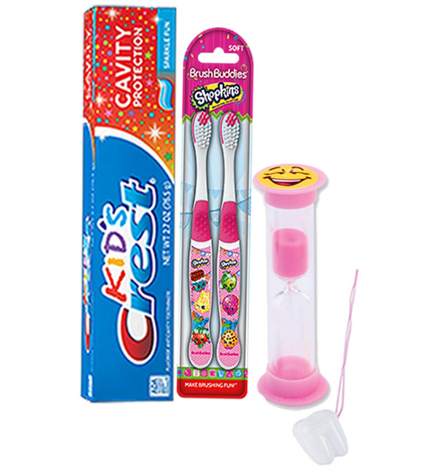 Shopkins 4pc. Bright Smile Oral Hygiene Set! Shopkins 2 Pack Manual Toothbrush, Crest Kids Sparkling Toothpaste & 2 Minute Teeth Brushing Timer! Plus Bonus"Remember to Brush" Visual Aid!